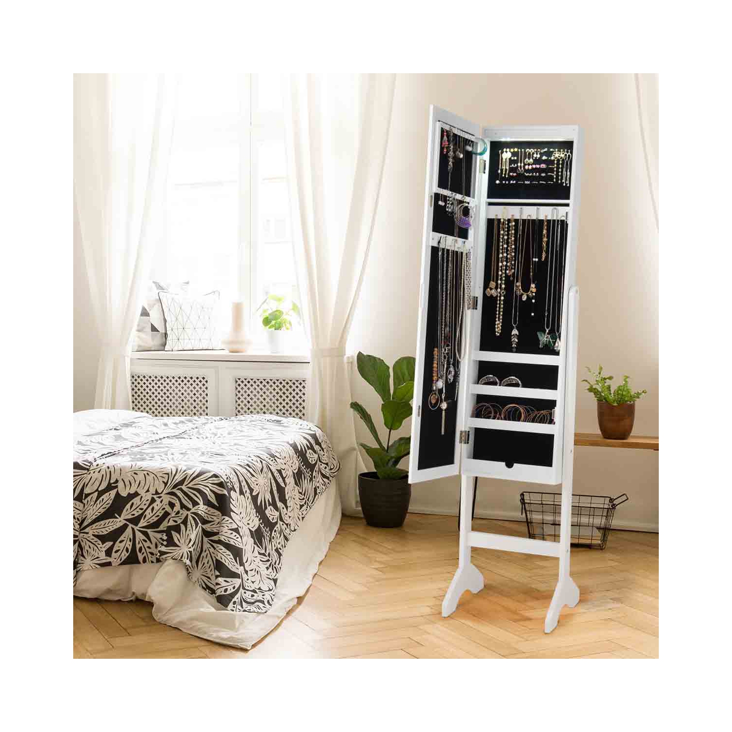 TopBuy – Armoire de rangement de plancher avec miroir pour armoire à bijoux, blanc