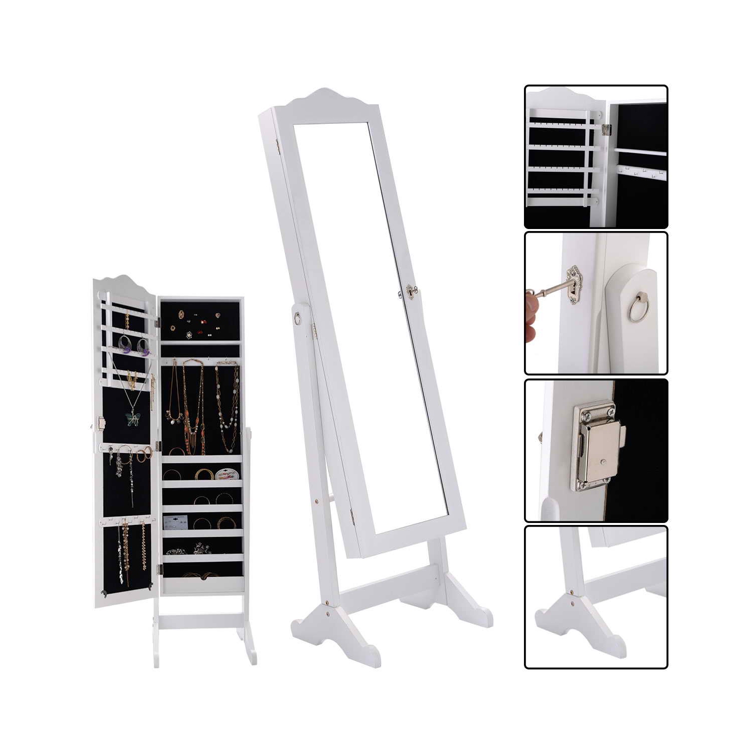 TopBuy – Armoire à bijoux verrouillable pour dessus de commode avec rangement blanc miroir