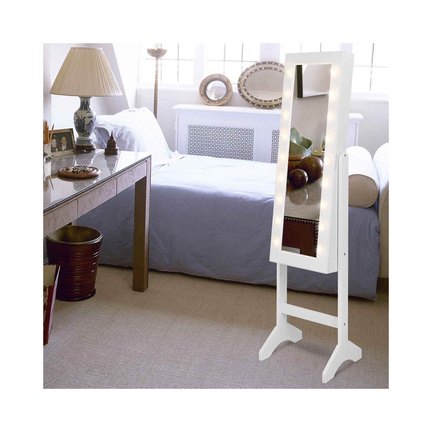 Topbuy LED Lighting Mirrored Jewelry Cabinet Armoire Free Standing Dressing Organizer