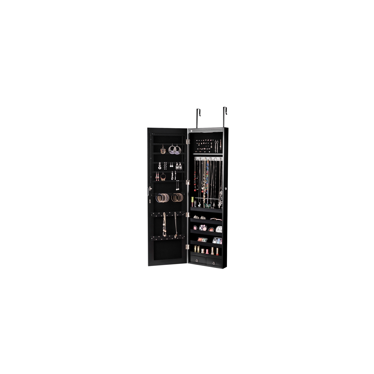 TopBuy – Armoire à bijoux avec miroir pour rangement mural verrouillable, avec éclairage, noir