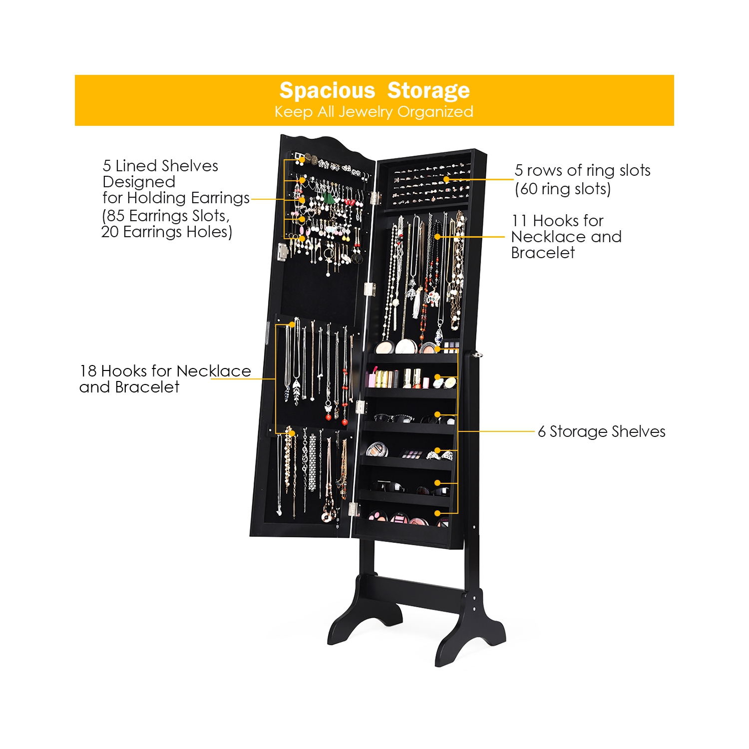 Armoire à bijoux verrouillable avec miroir de TopBuy, miroir pour dessus de commode avec boîte de rangement