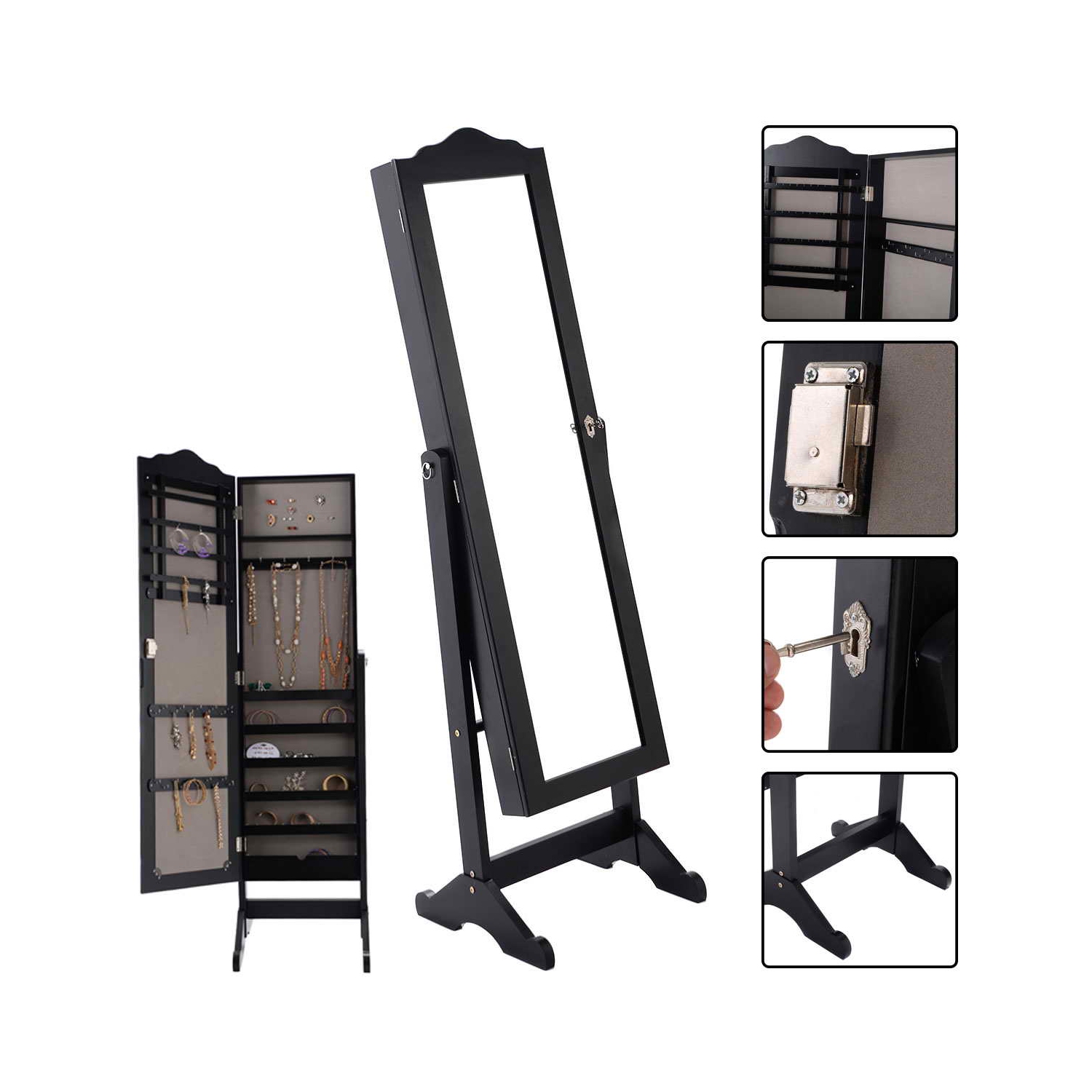 TopBuy – Armoire à bijoux verrouillable avec armoire miroir, rangement pour dessus de commode, noir
