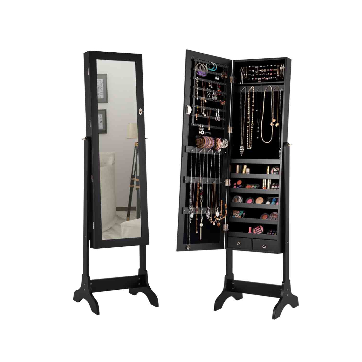 TopBuy – Armoire à bijoux verrouillable avec rangement au sol miroir