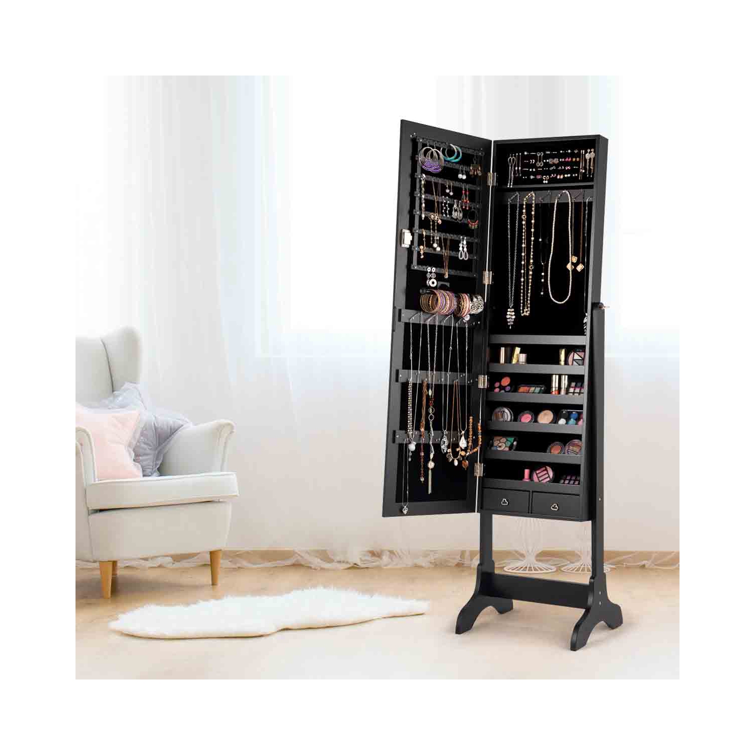 TopBuy – Armoire à bijoux verrouillable avec rangement au sol miroir
