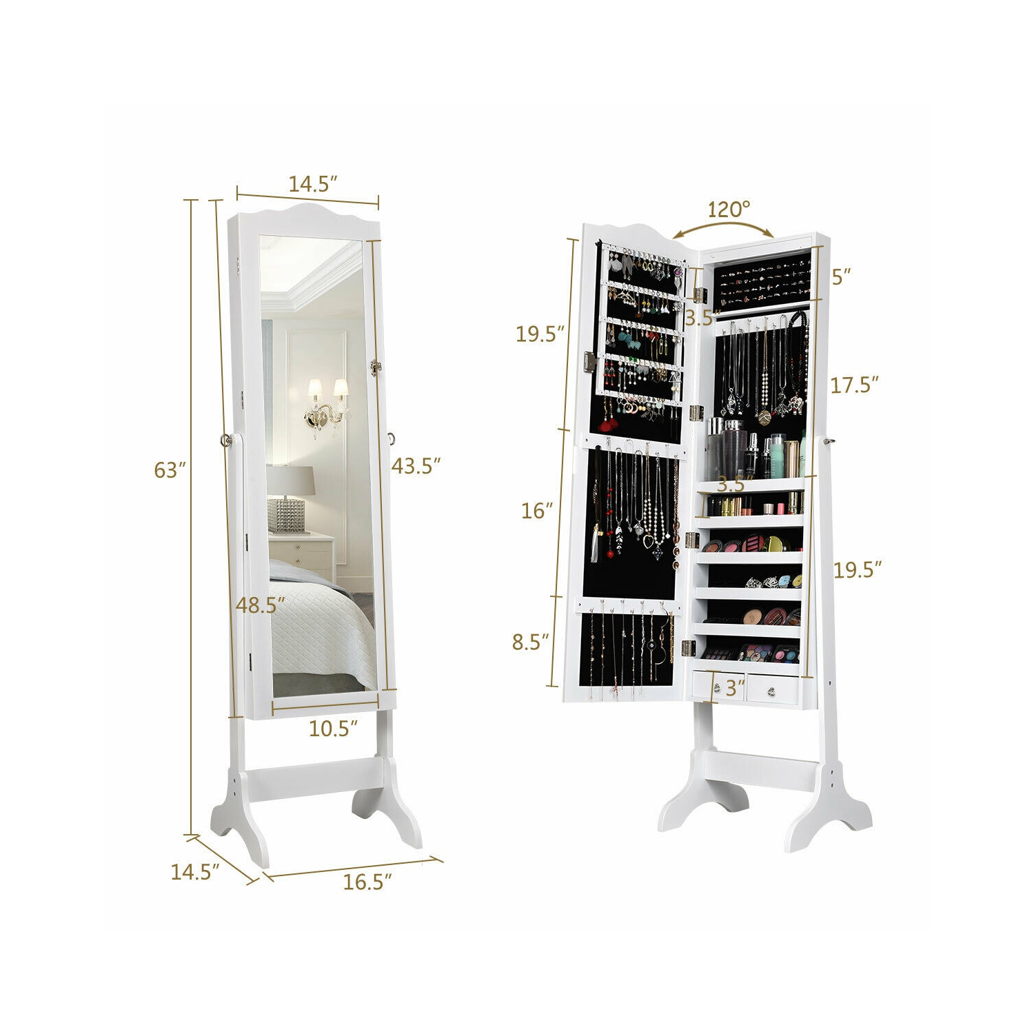 TopBuy – Armoire à bijoux verrouillable avec armoire de rangement et éclairage à DEL, blanc