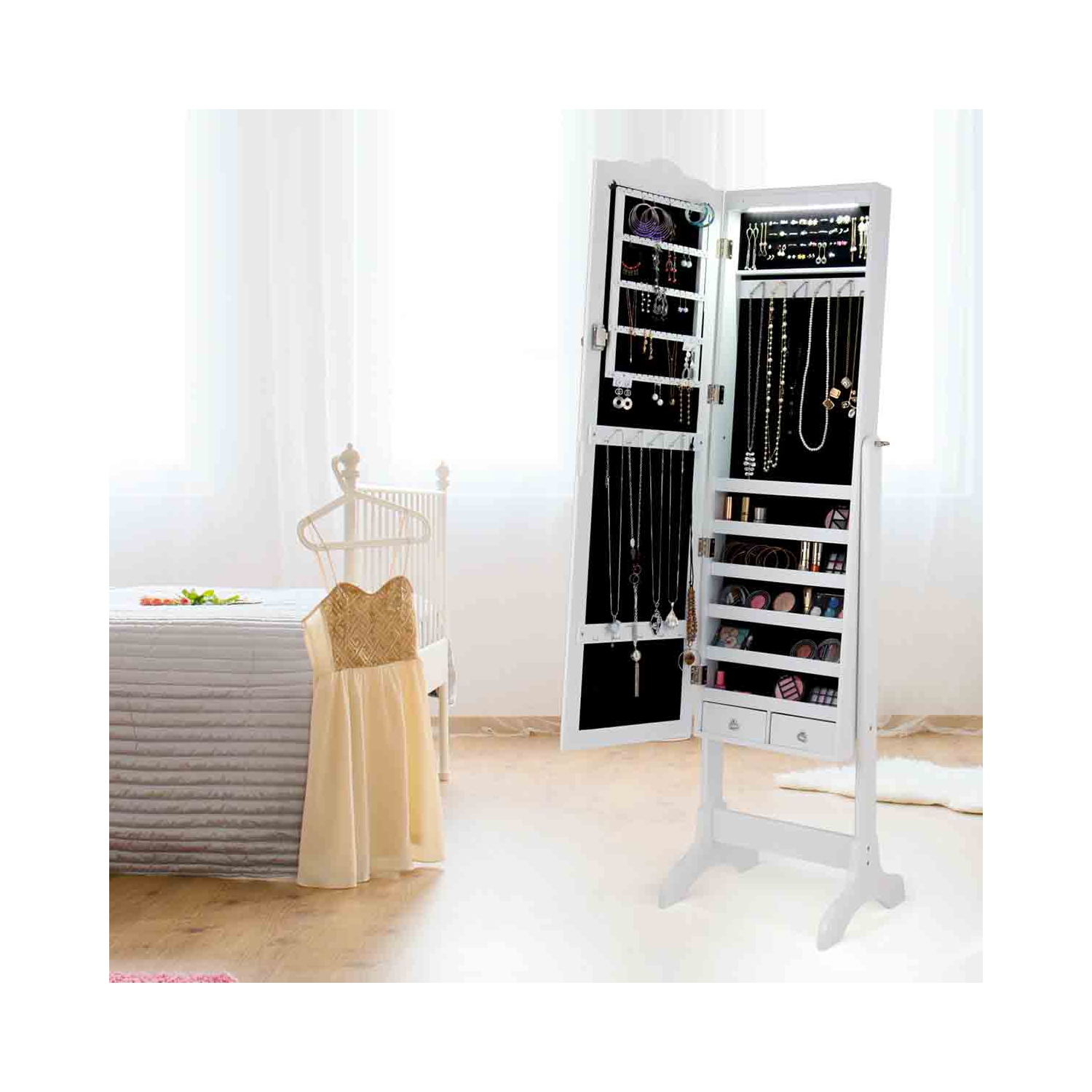 TopBuy – Armoire à bijoux verrouillable avec armoire de rangement et éclairage à DEL, blanc