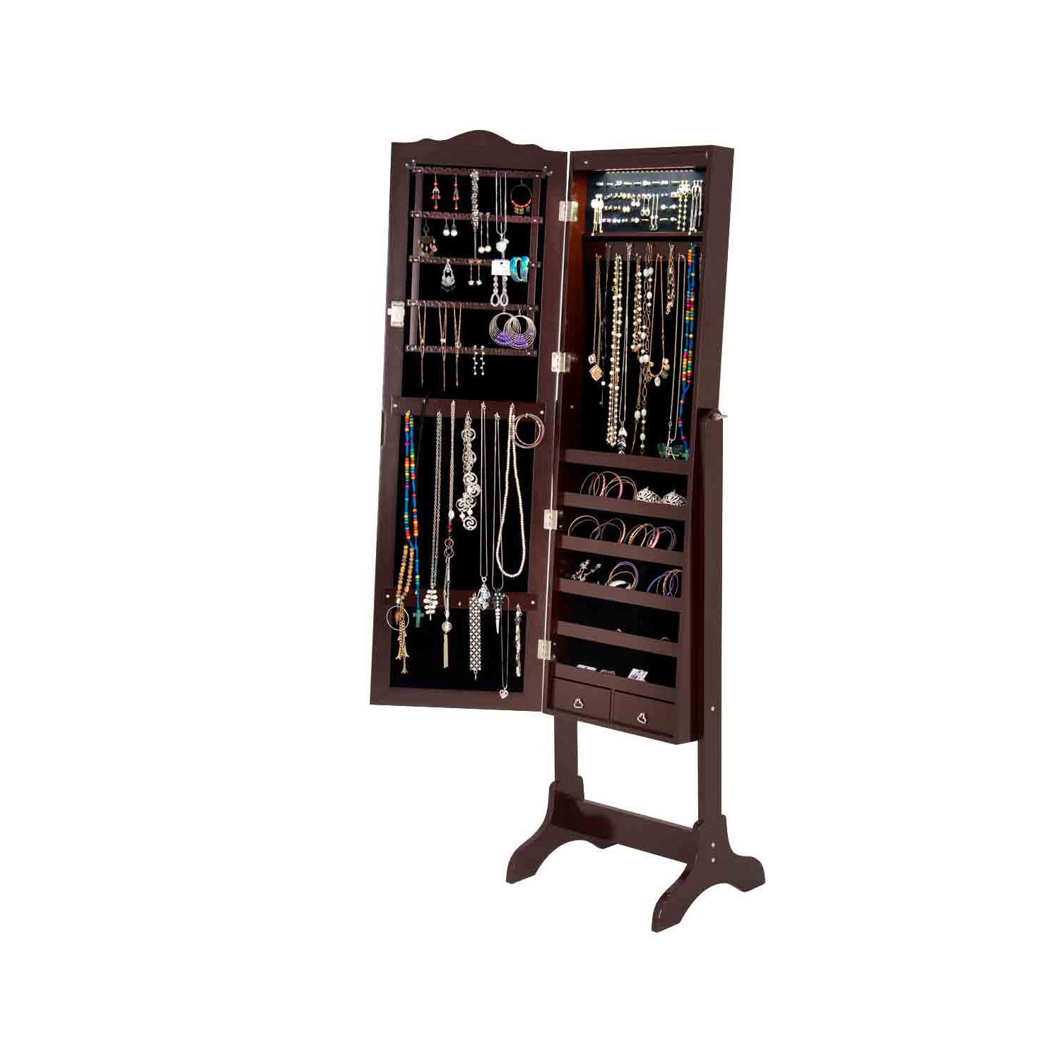 TopBuy – Boîte à bijoux avec armoire à bijoux et miroir pleine longueur et 14 pièces de café à DEL