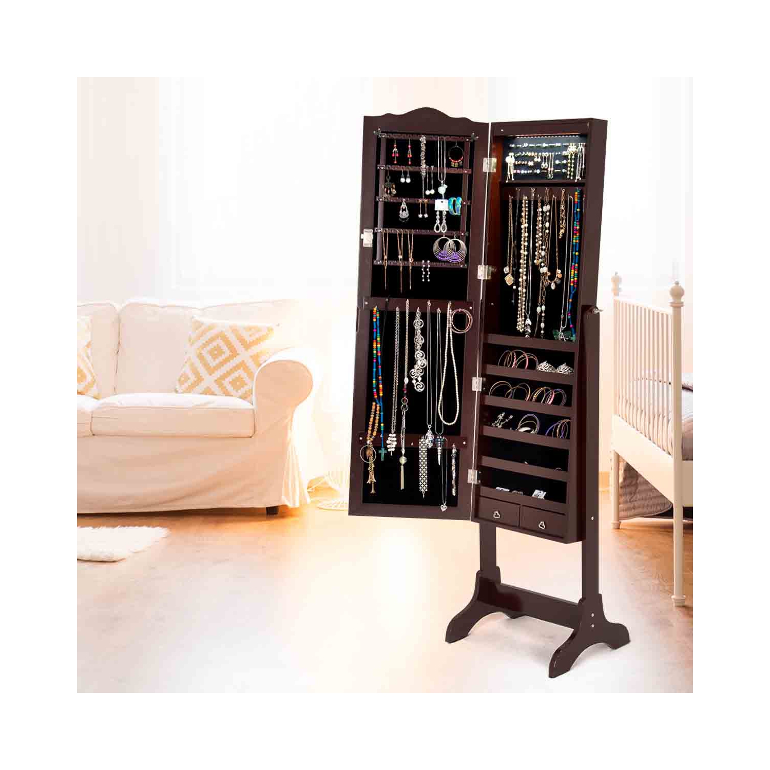 TopBuy – Boîte à bijoux avec armoire à bijoux et miroir pleine longueur et 14 pièces de café à DEL