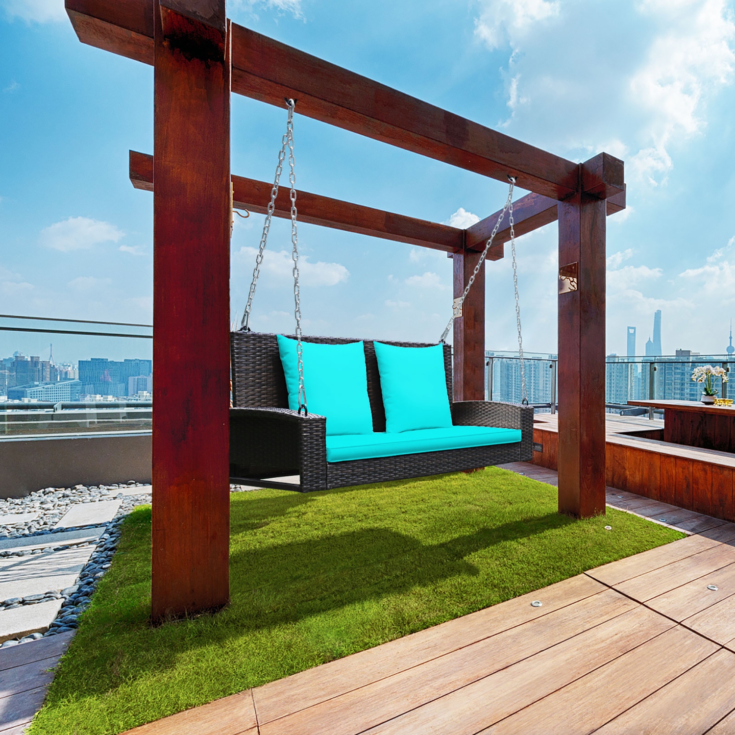 Costway 2-Person Patio Rattan Hanging Porch Swing Bench Chair Cushion