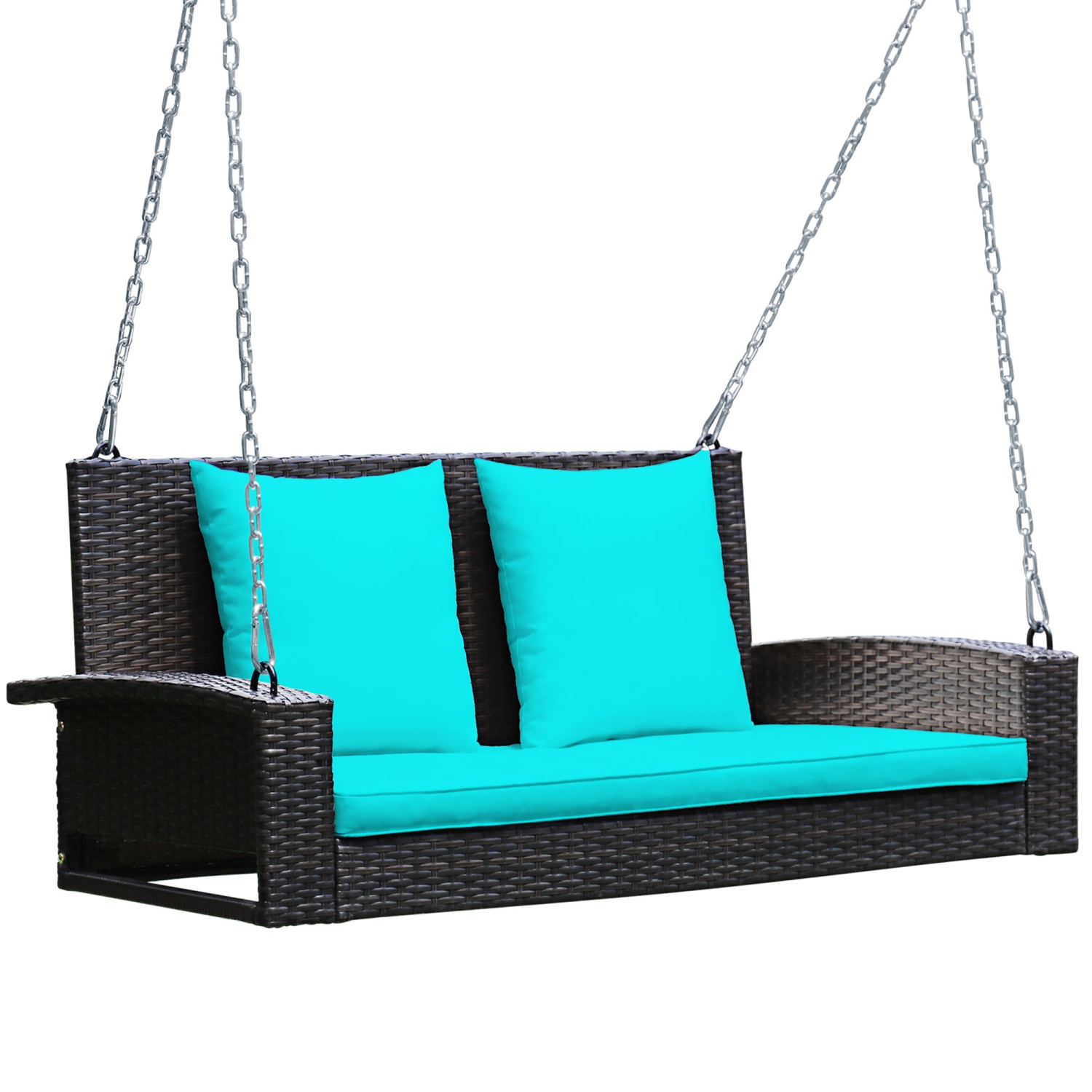 Costway 2-Person Patio Rattan Hanging Porch Swing Bench Chair Cushion