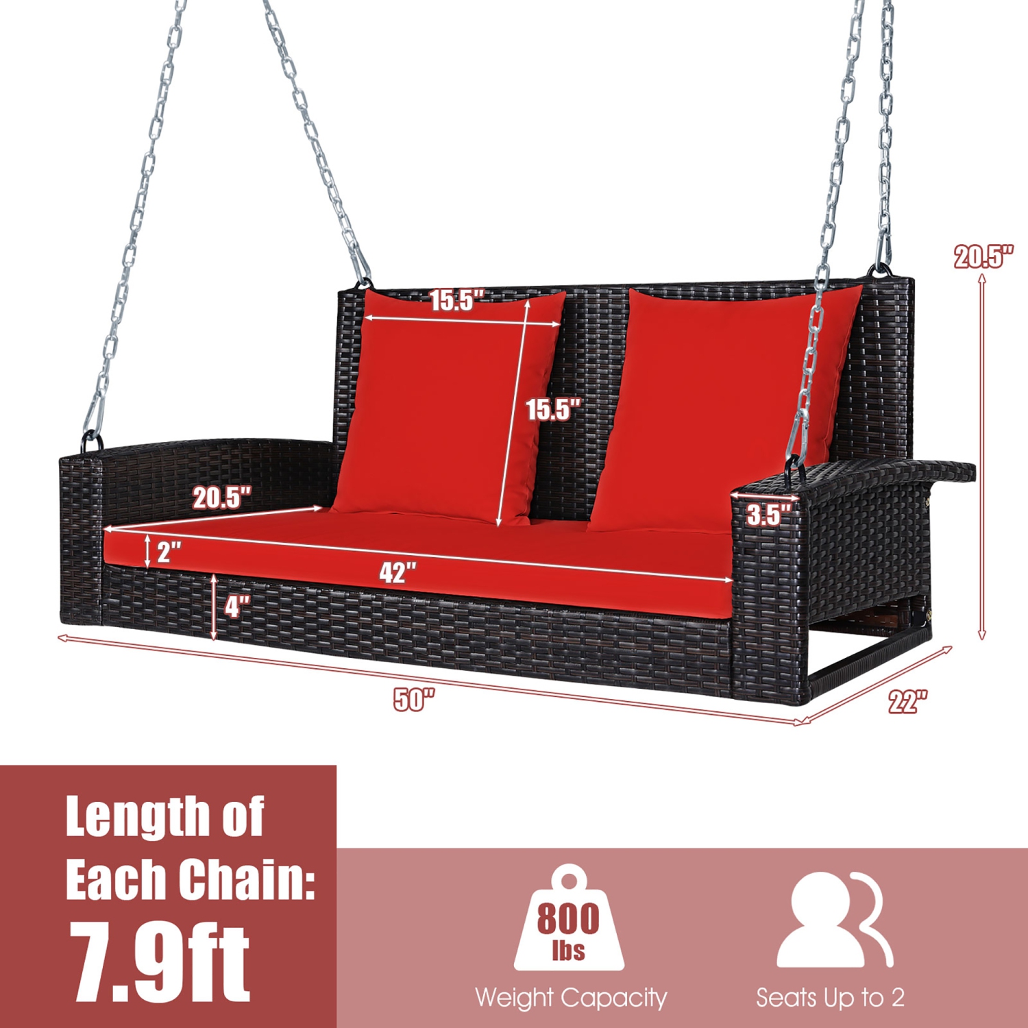 Marque Costway banc suspendu balançoire en rotin pour 2 personnes pour patio porche coussin noir