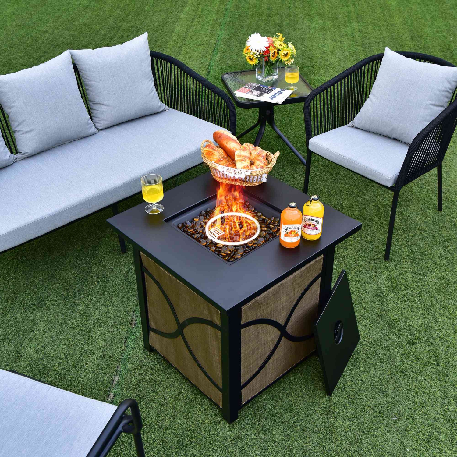 Costway 25-Inch Square Propane Fire Pit Table 40000 BTU W/ Lid, Fire Glass