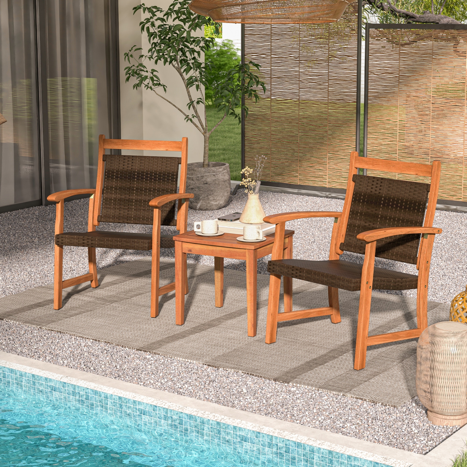 Costway 3PCS Patio Rattan Bistro Set Acacia Wood Frame Armrest Chairs Garden