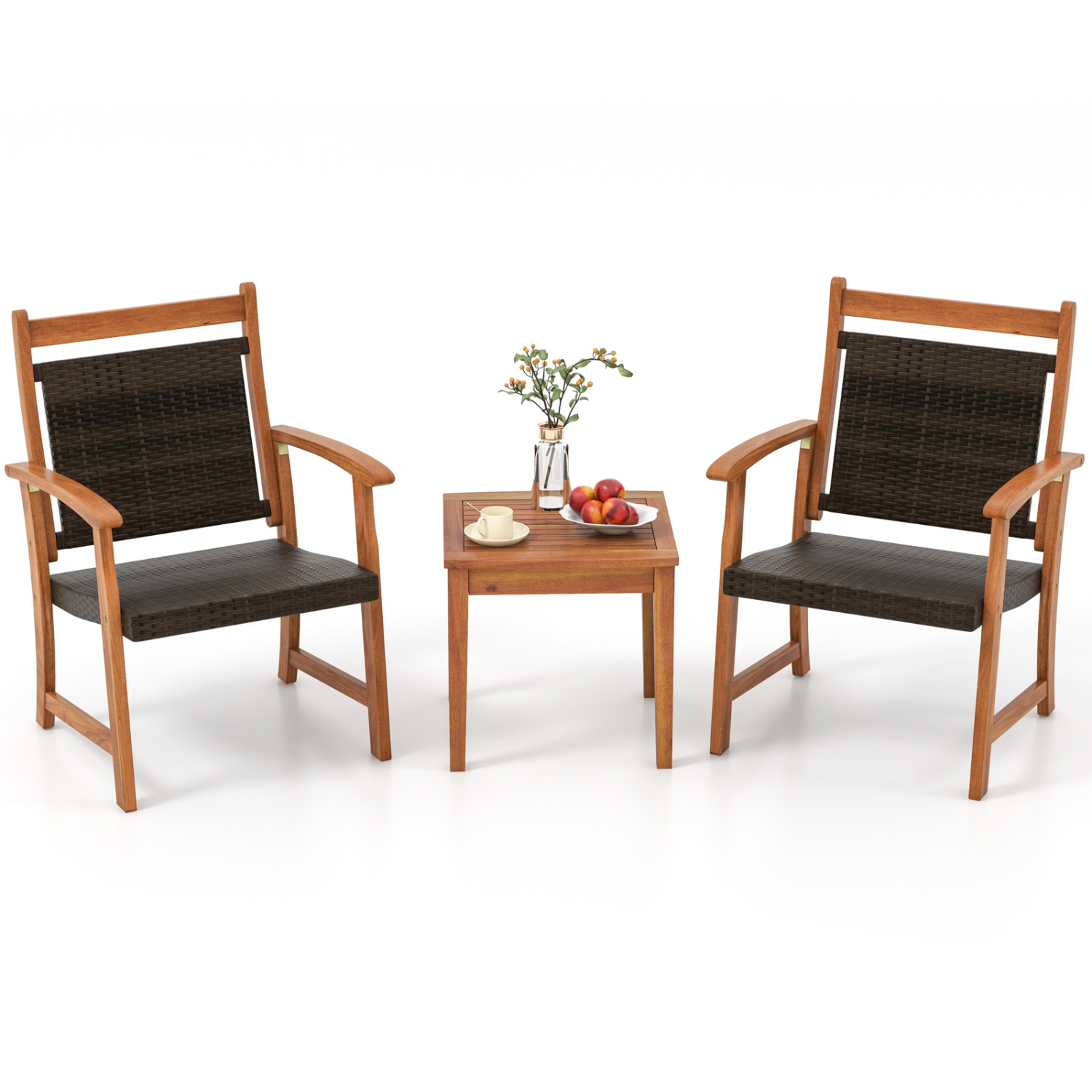 Costway 3PCS Patio Rattan Bistro Set Acacia Wood Frame Armrest Chairs Garden