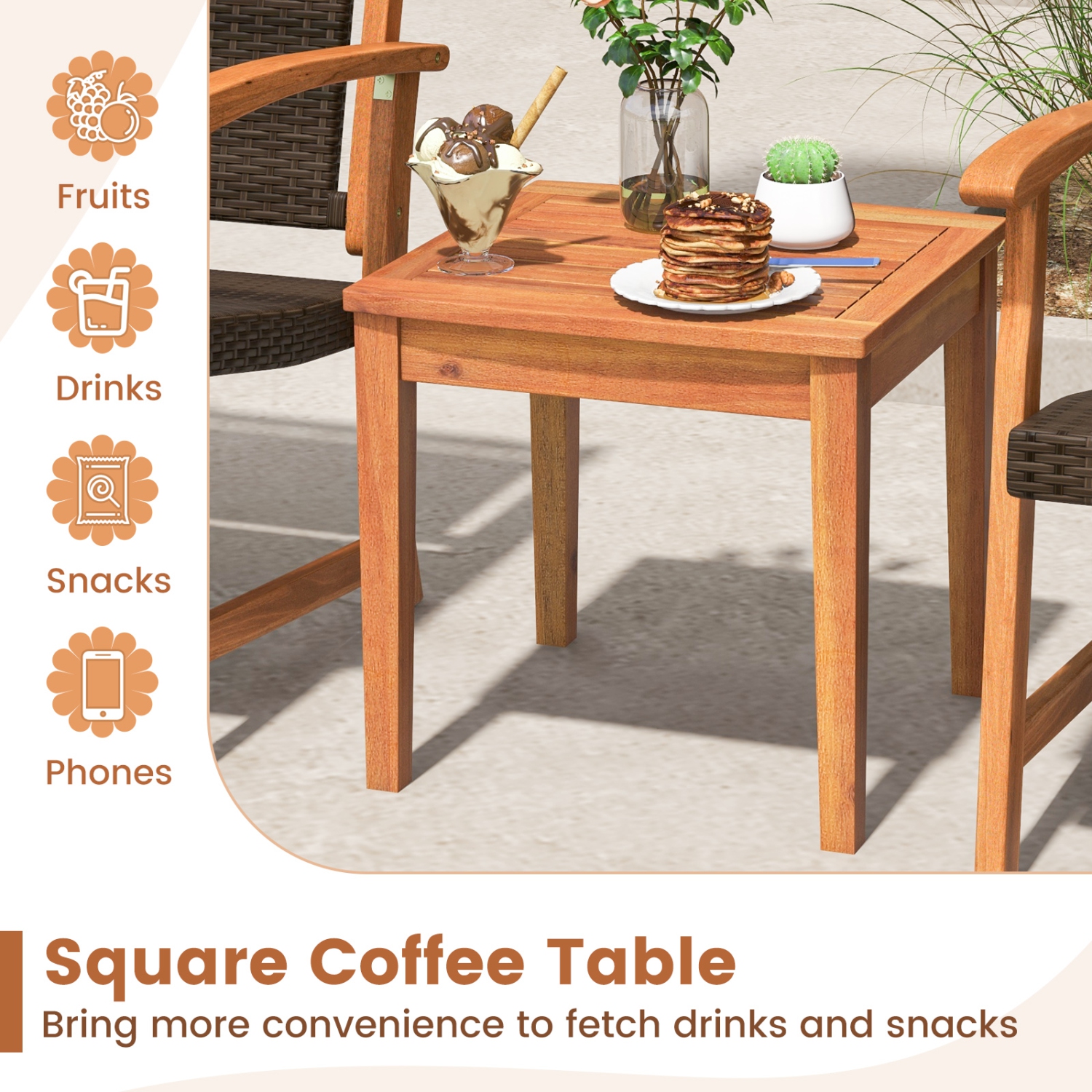 Costway 3PCS Patio Rattan Bistro Set Acacia Wood Frame Armrest Chairs Garden