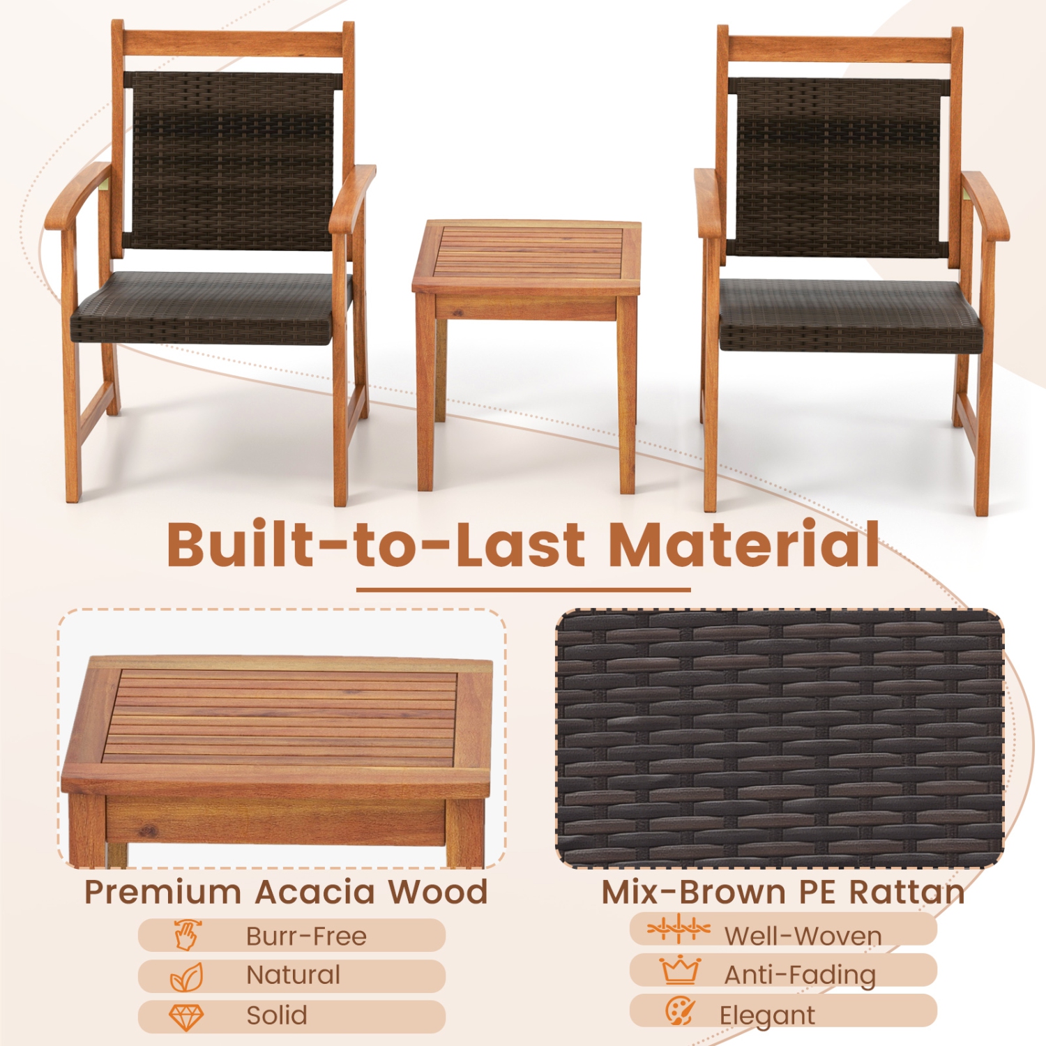 Costway 3PCS Patio Rattan Bistro Set Acacia Wood Frame Armrest Chairs Garden