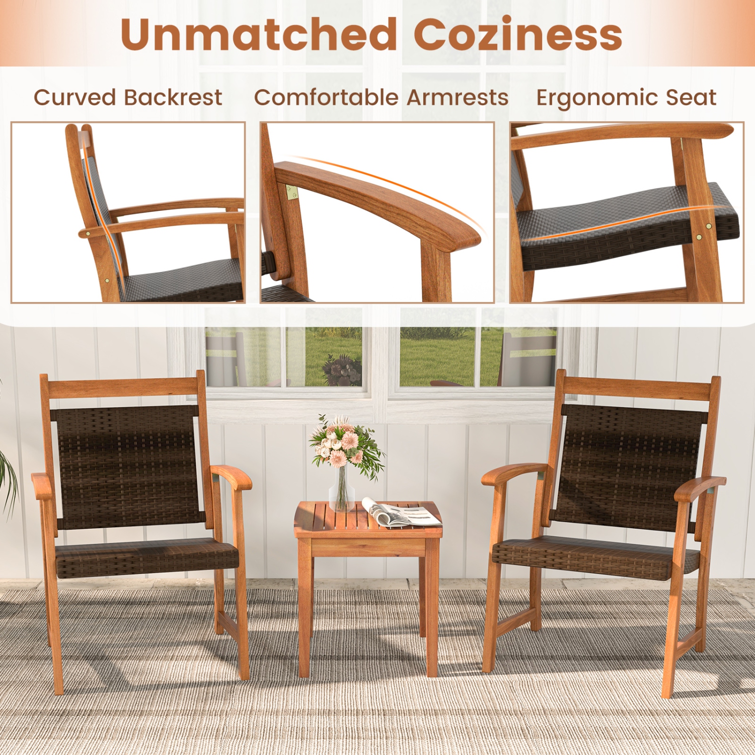 Costway 3PCS Patio Rattan Bistro Set Acacia Wood Frame Armrest Chairs Garden