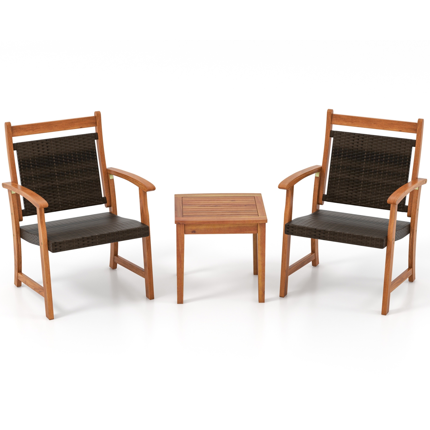 Costway 3PCS Patio Rattan Bistro Set Acacia Wood Frame Armrest Chairs Garden