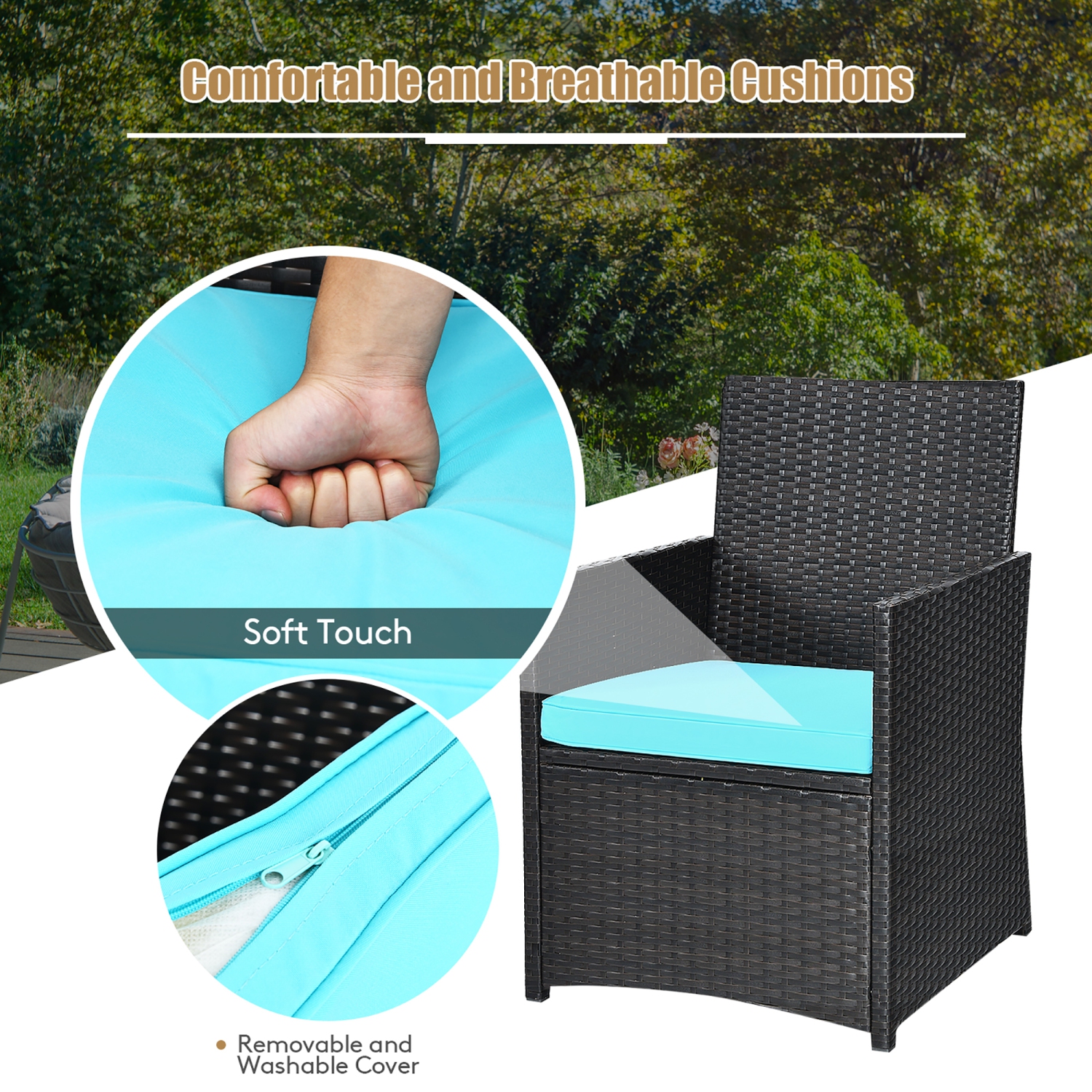 Ensemble de meubles de jardin en rotin de Costway, coussin de canapé, accoudoir, terrasse de jardin, 3 pièces