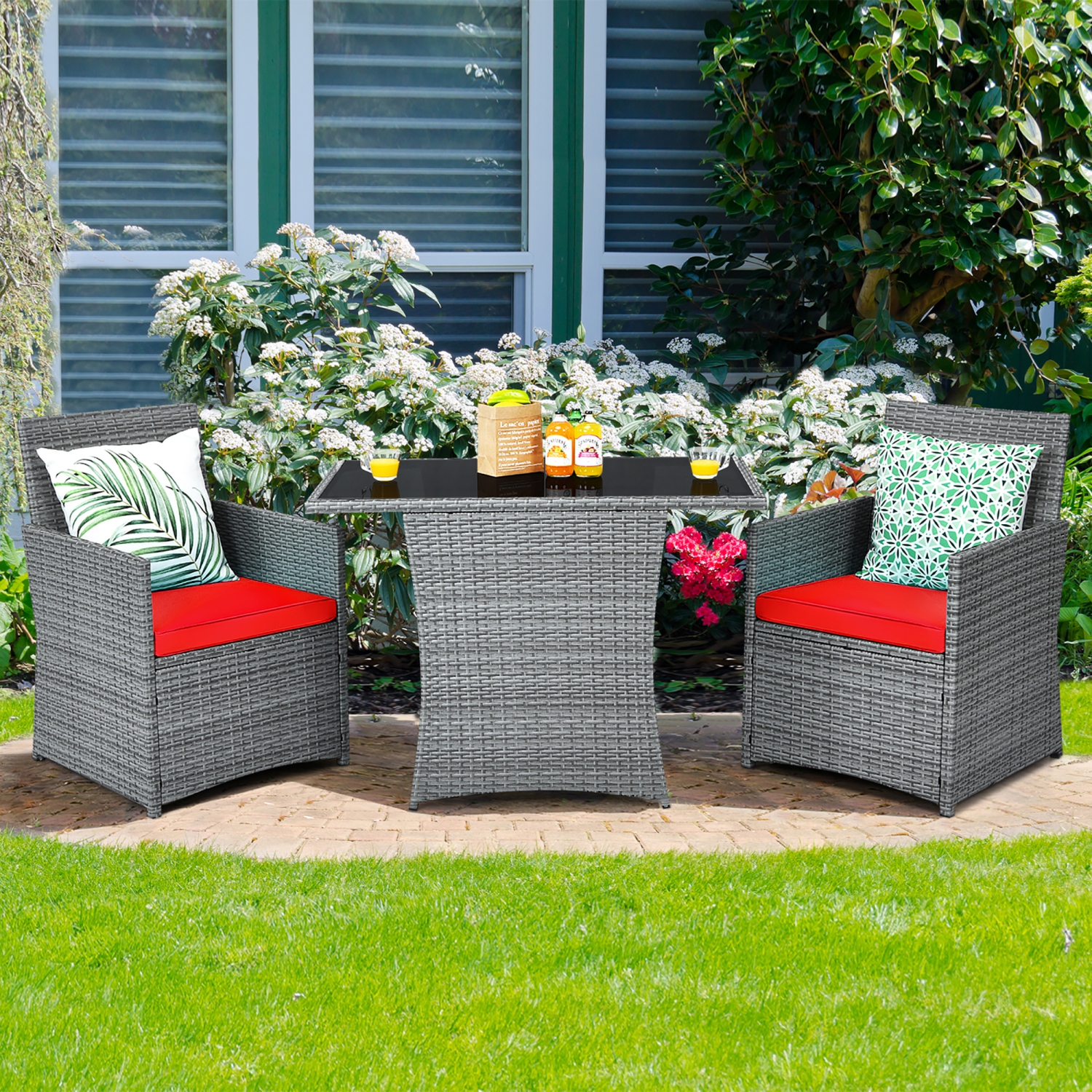 Costway 3PCS Patio Rattan Furniture Set Cushioned Sofa Armrest Garden