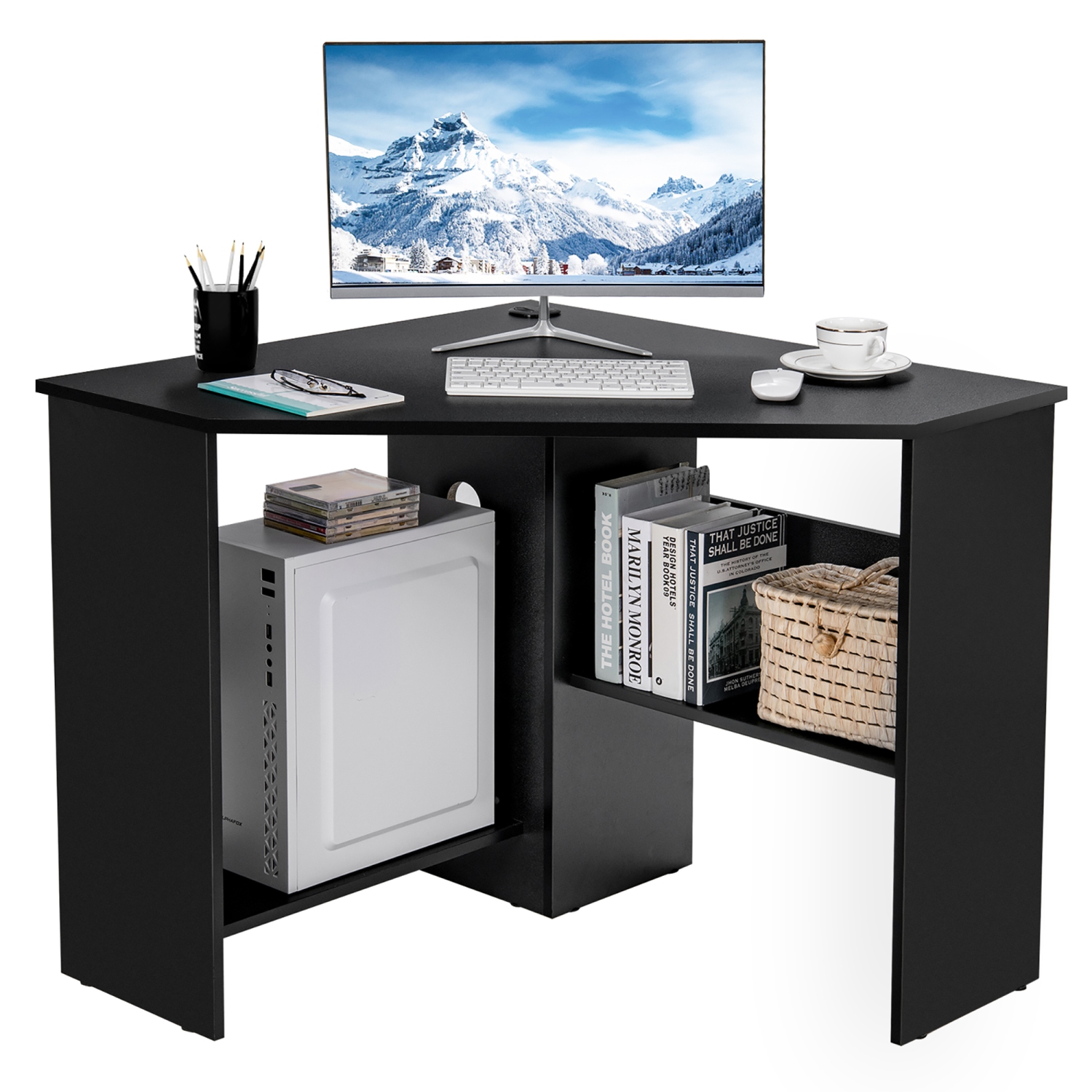 Costway Corner Computer Desk Triangle Writing Workstation w/ Storage Shelf