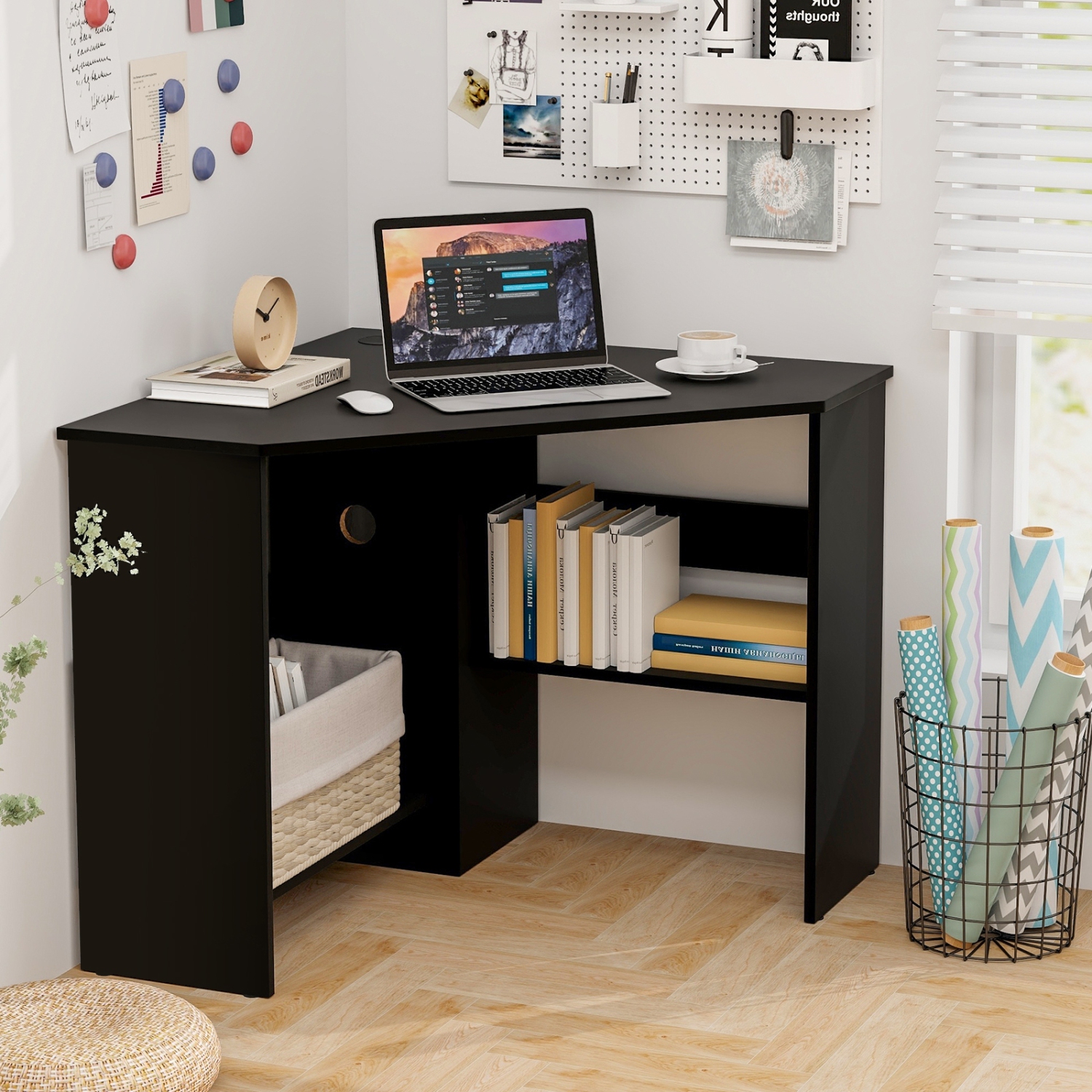 Costway Corner Computer Desk Triangle Writing Workstation w/ Storage Shelf