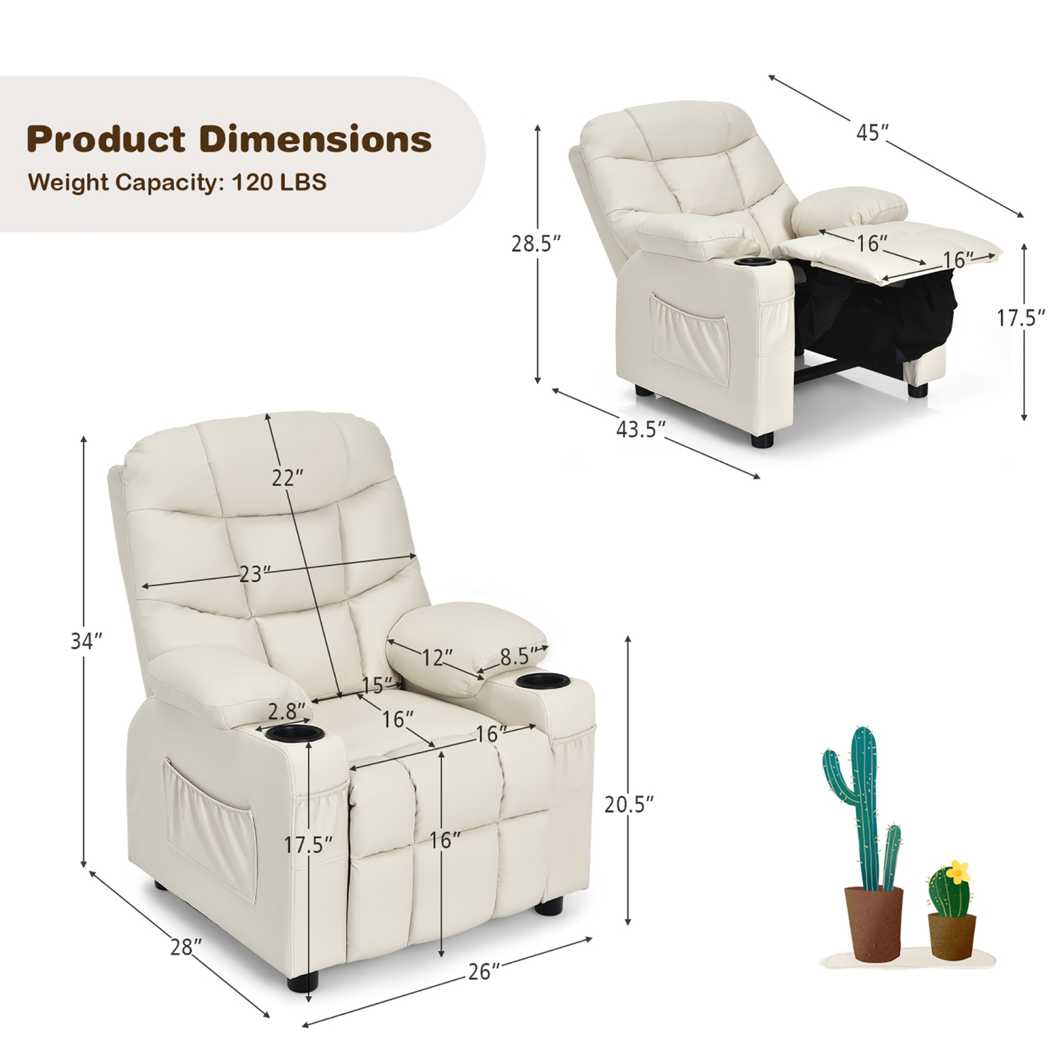 Costway Kids Youth Recliner Chair PU Leather w/Cup Holders & Side Pockets