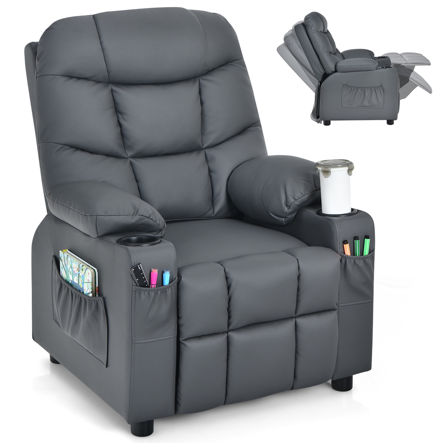 Costway Kids Youth Recliner Chair PU Leather w/Cup Holders & Side Pockets