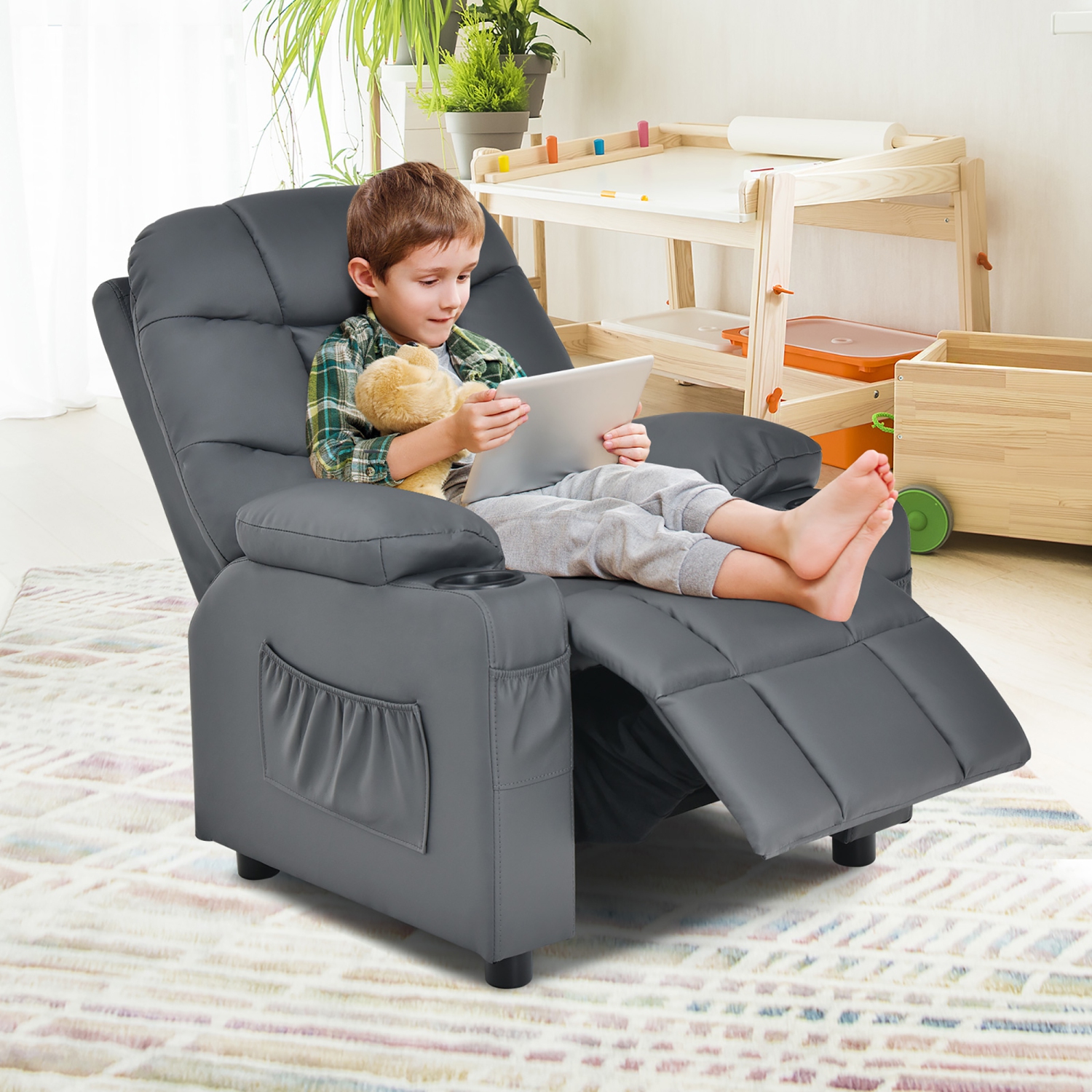 Costway Kids Youth Recliner Chair PU Leather w/Cup Holders & Side Pockets