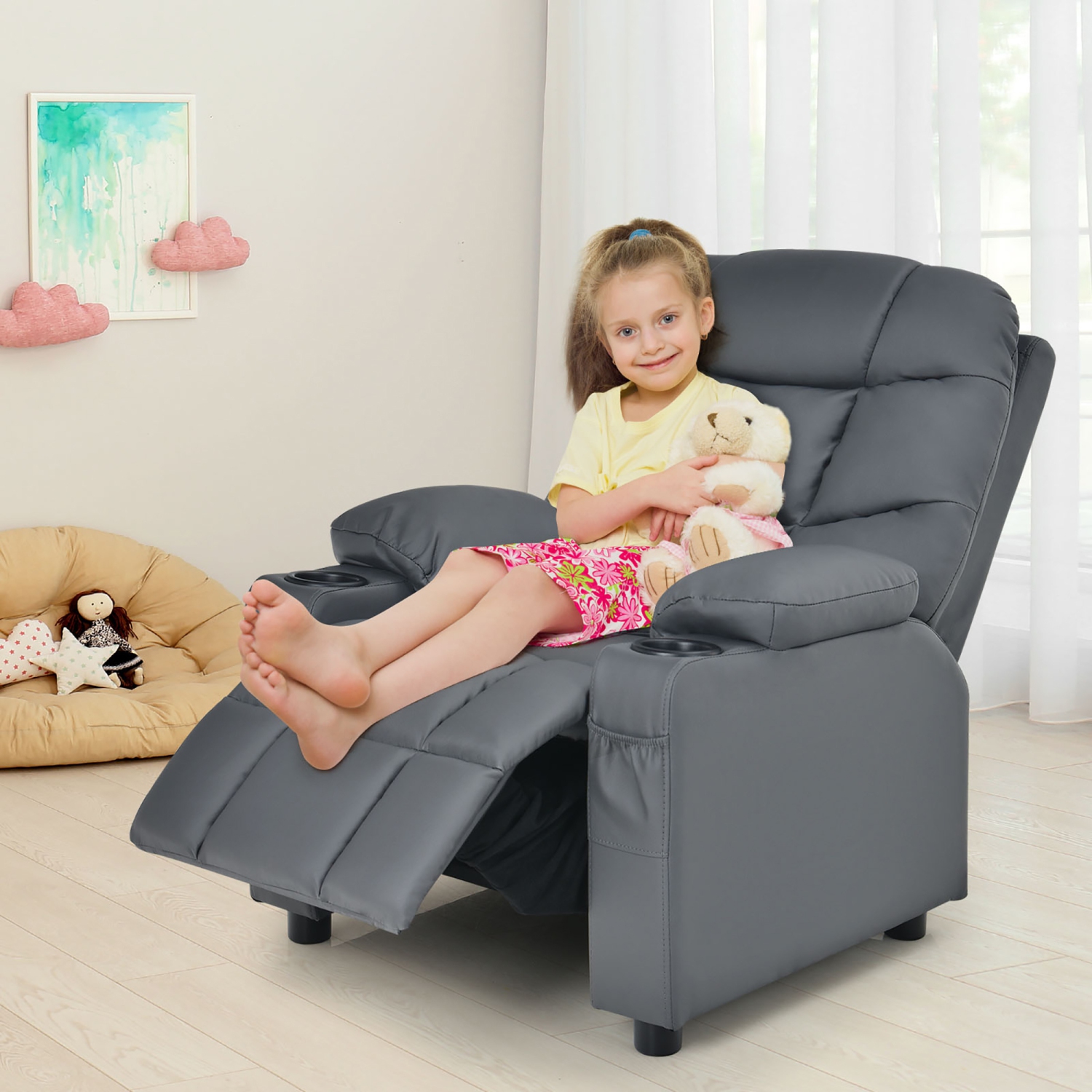 Costway Kids Youth Recliner Chair PU Leather w/Cup Holders & Side Pockets