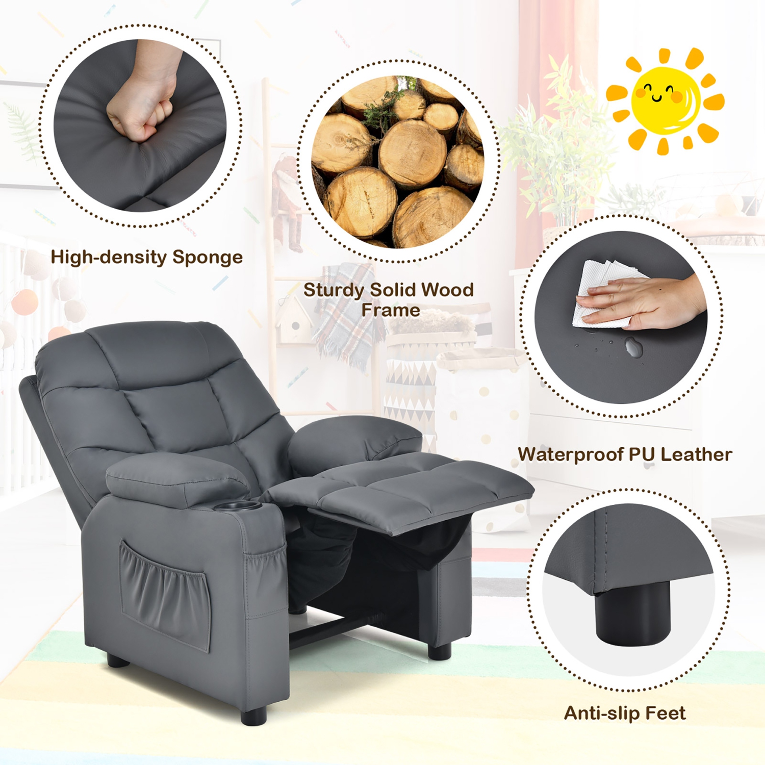Costway Kids Youth Recliner Chair PU Leather w/Cup Holders & Side Pockets