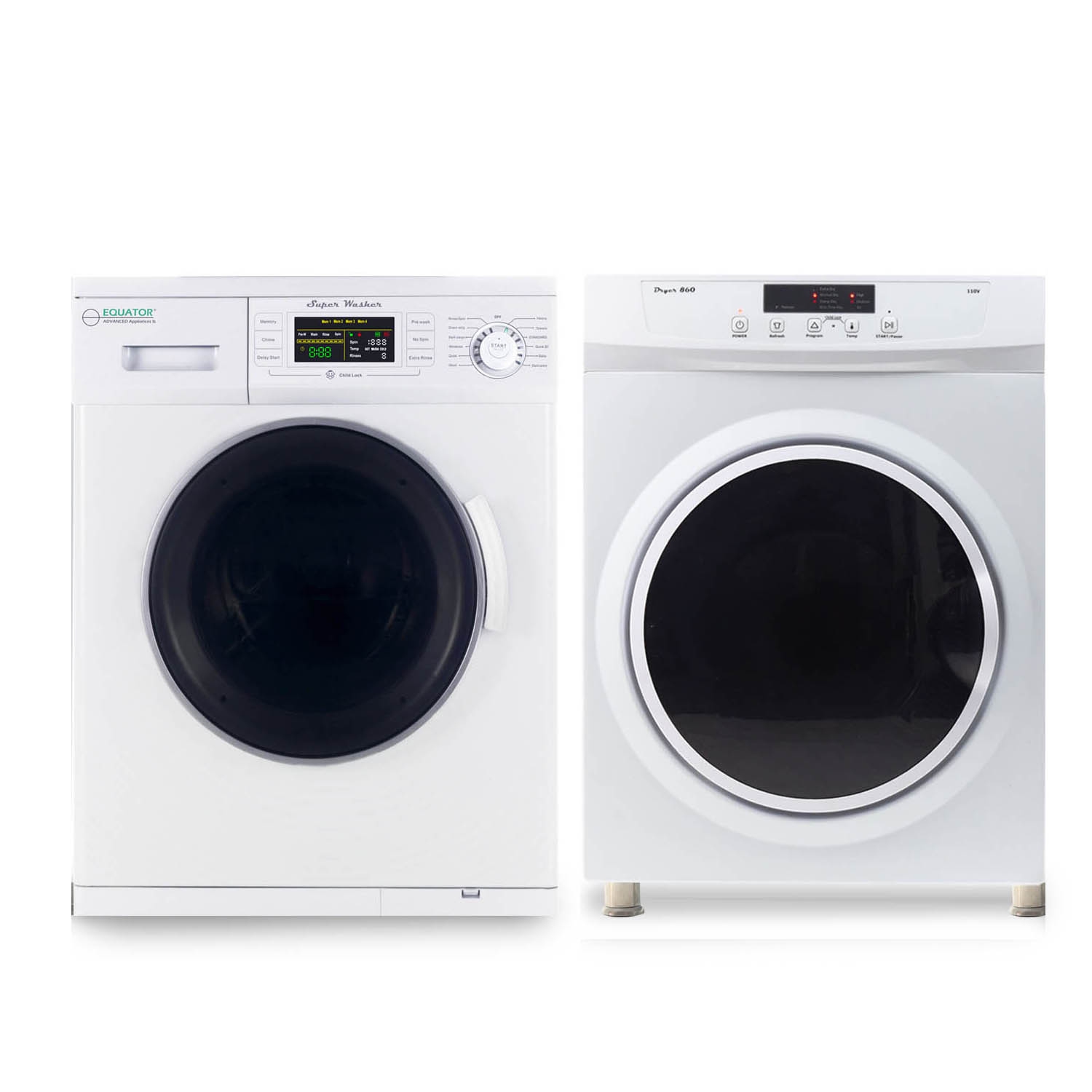 Equator Pro3 Compact 110V Set Washer 13lbs+Dryer Vented 3.5cu.ft Sensor/Refresh (EW 824 & ED 860 - Free Stacking Kit Included)