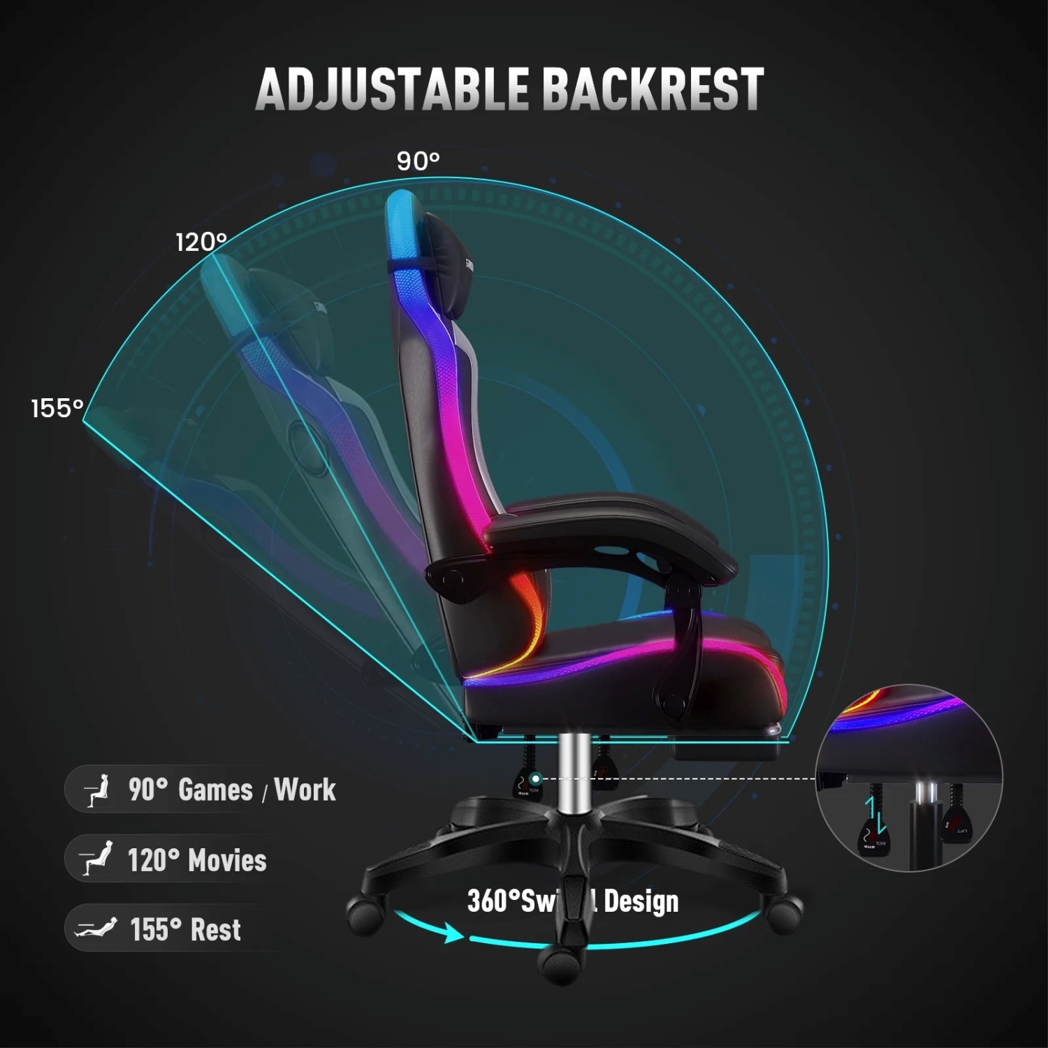 Wingomart Ergonomic High-Back Faux Leather Gaming Chair With RGB led light and Footrest Pu Leather High Back Adjustable Armrest Height Adjustable