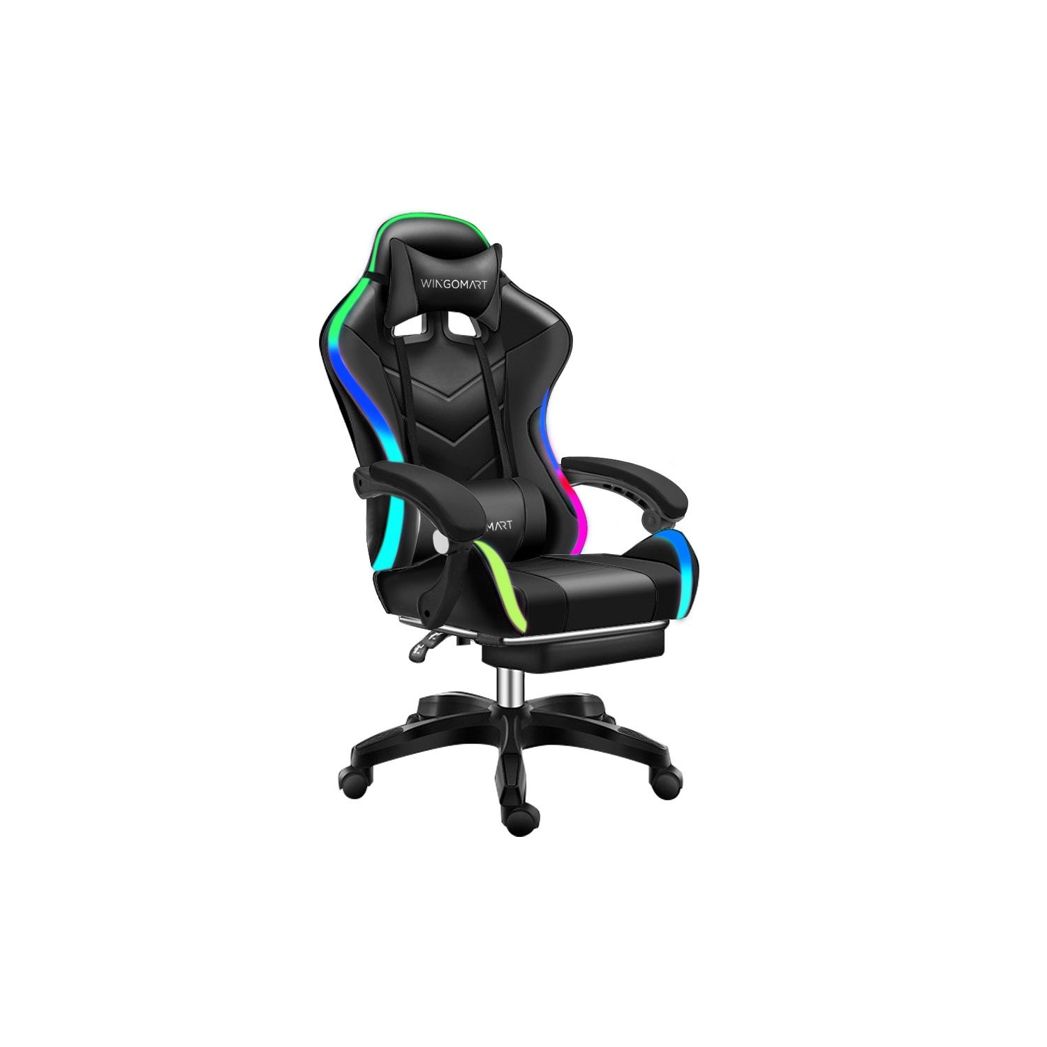 WINGOMART Ergonomic High-Back PU Faux Leather Gaming Chair With RGB LED light, Lumbar Massage & Footrest High Back Adjustable Swivel - Black