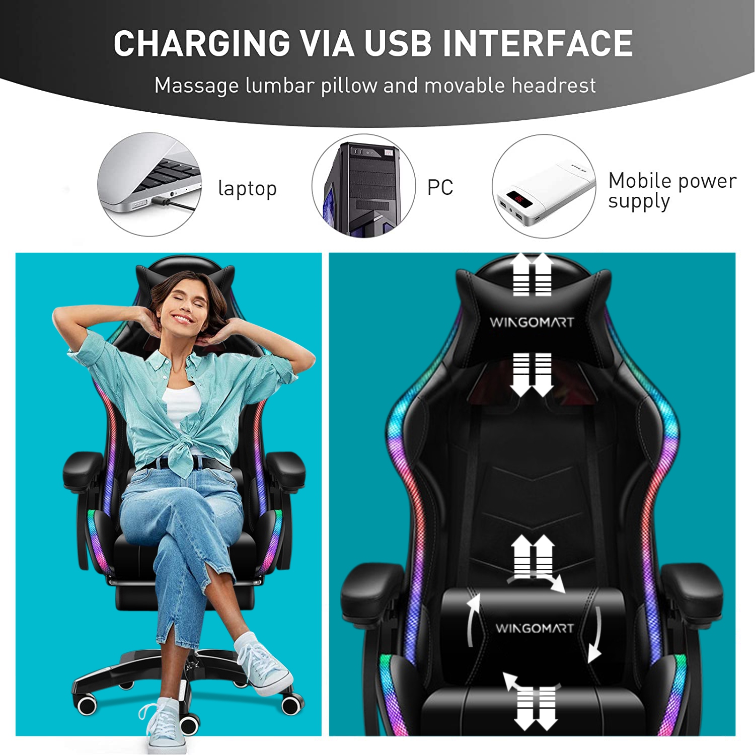 WINGOMART Ergonomic High-Back PU Faux Leather Gaming Chair With RGB LED light, Lumbar Massage & Footrest High Back Adjustable Swivel - Black