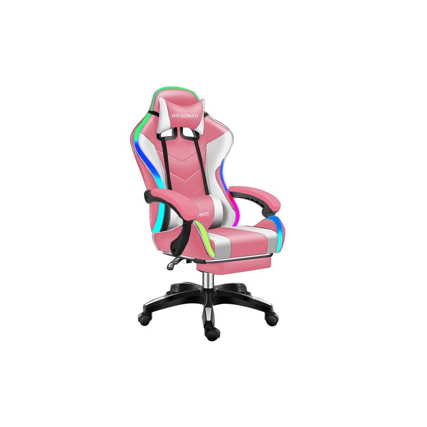 Fauteuil de jeu ergonomique dossier haut similicuir polyuréthane WINGOMART éclairage RVB LED, massage lombaire et repose-pieds, dossier haut pivotant
