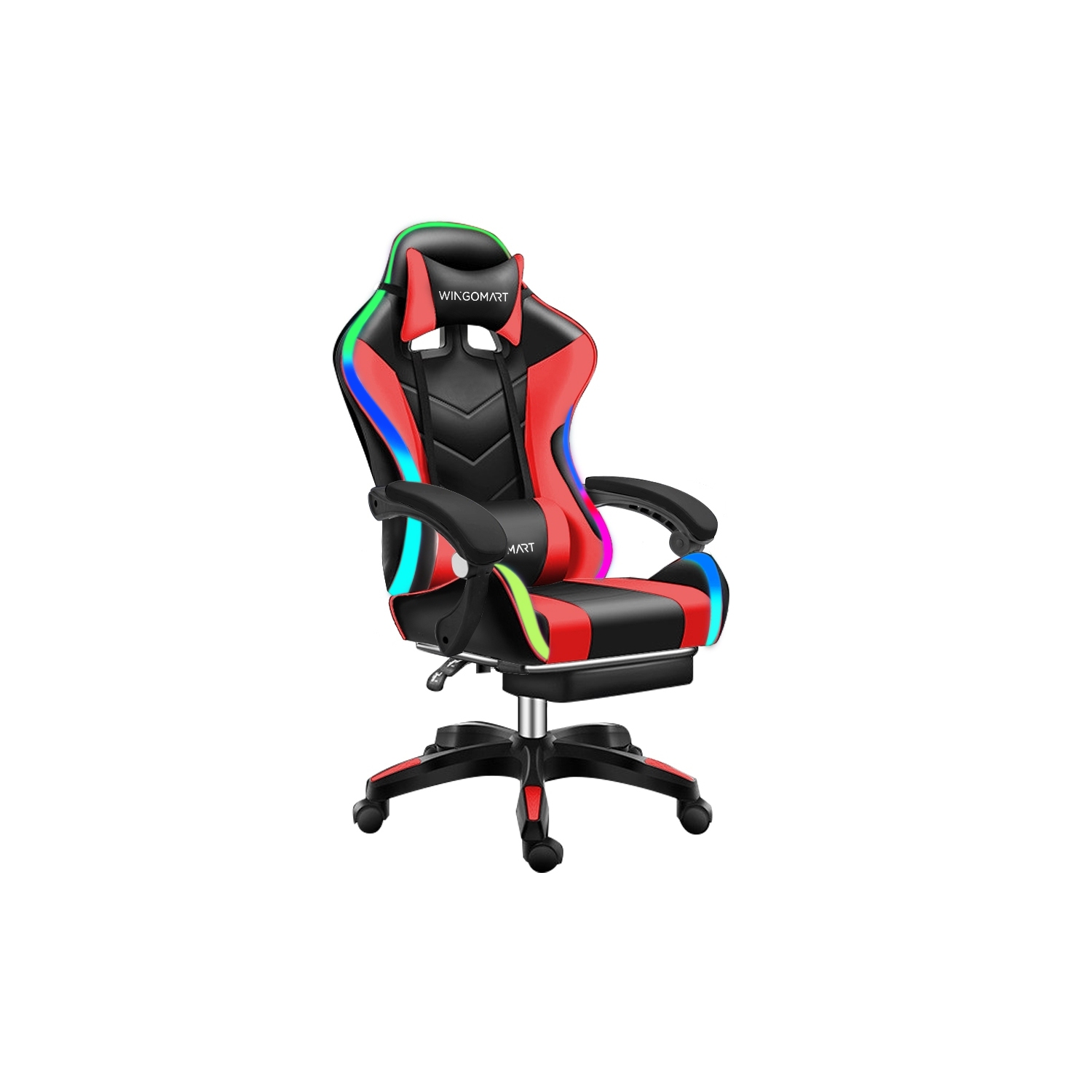 WINGOMART Ergonomic High-Back PU Faux Leather Gaming Chair With RGB LED light, Lumbar Massage & Footrest High Back Adjustable Swivel - Black & RED