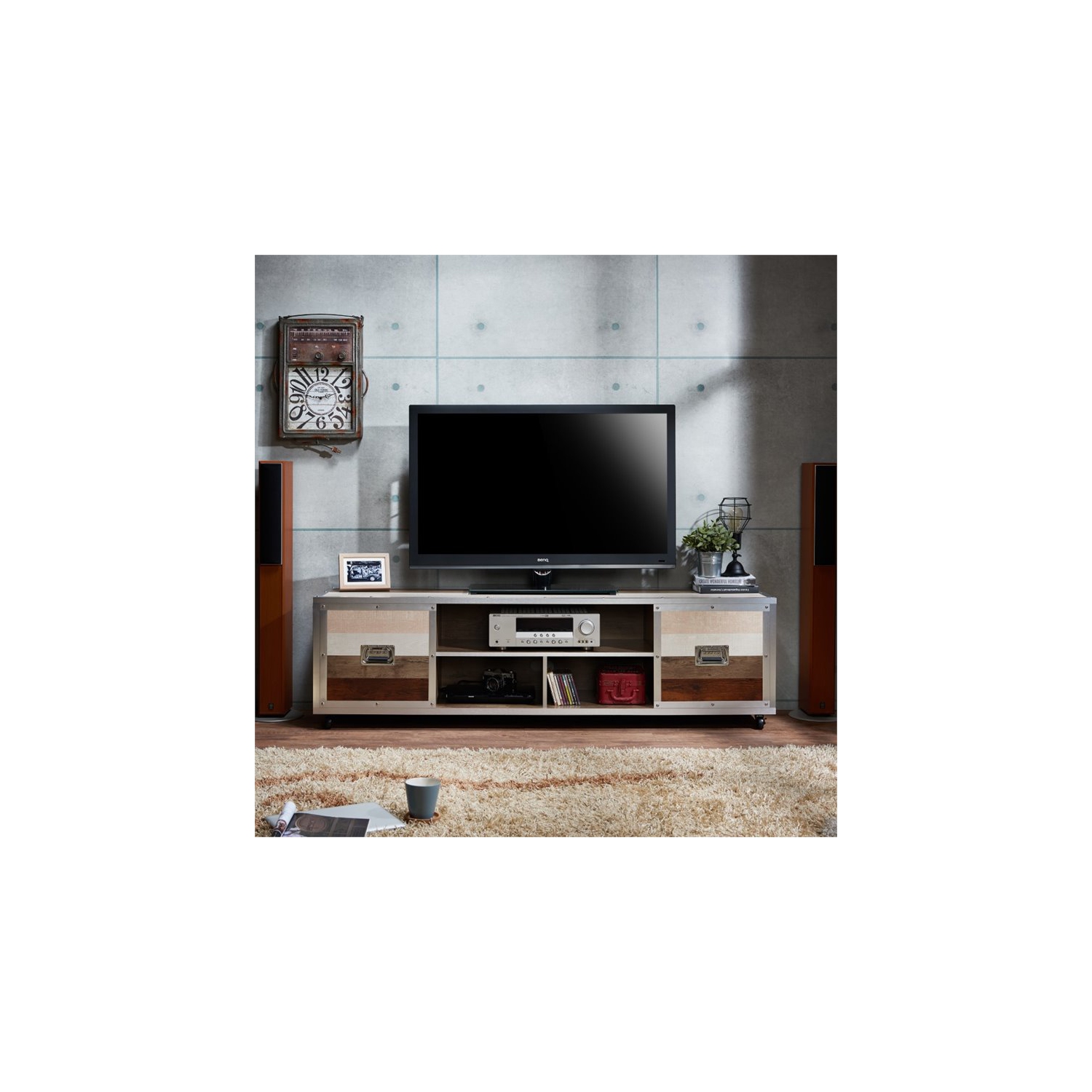 Meuble de téléviseur moderne en métal avec roulettes de la collection Furniture of America Micah, multicolore