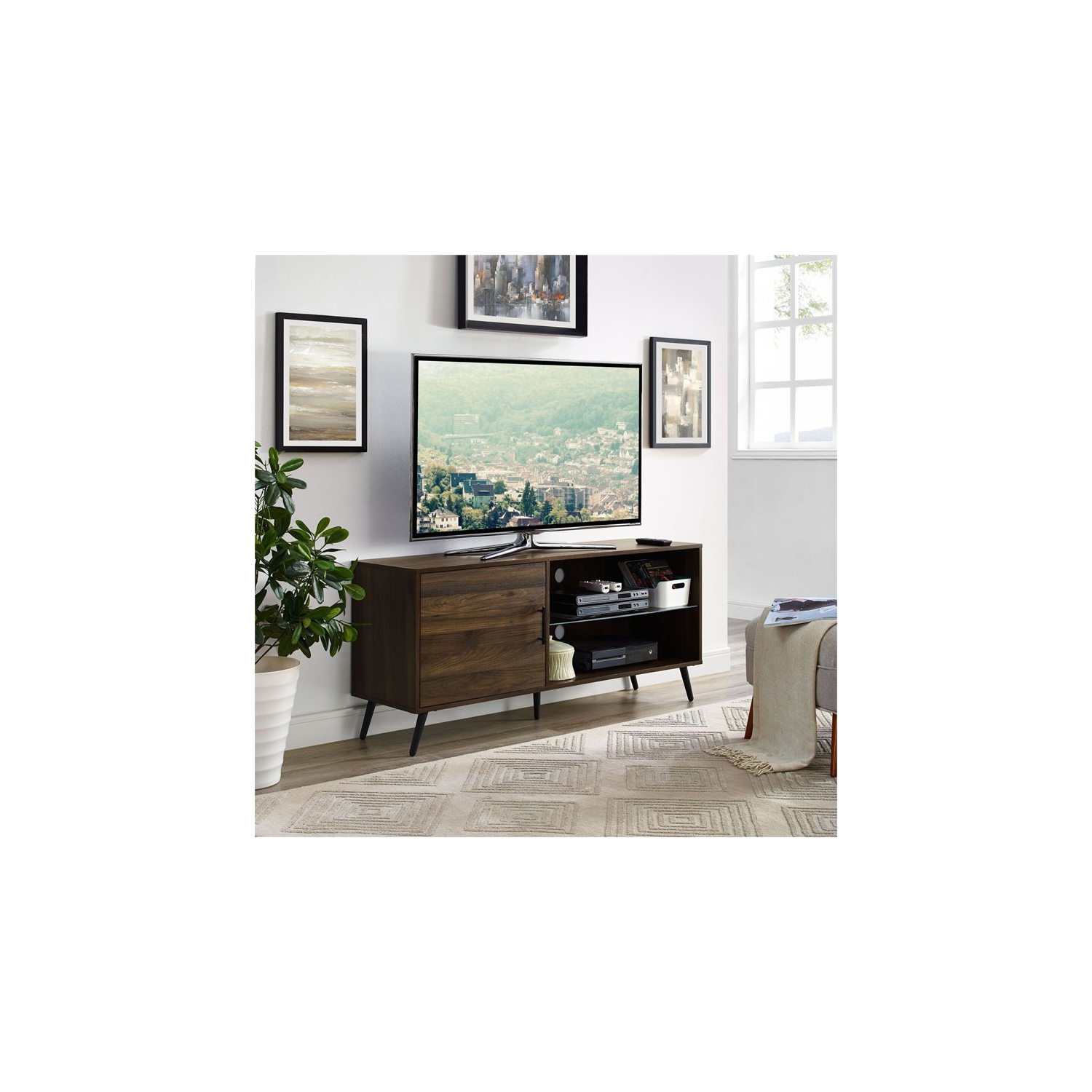 Pemberly Row 52" TV Stand with Black Legs in Dark Walnut