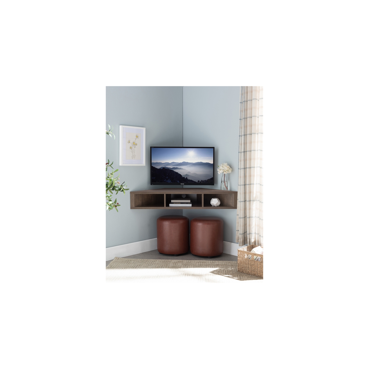 Furniture of America Astro Wood 42" Corner Floating TV Stand in Walnut Oak