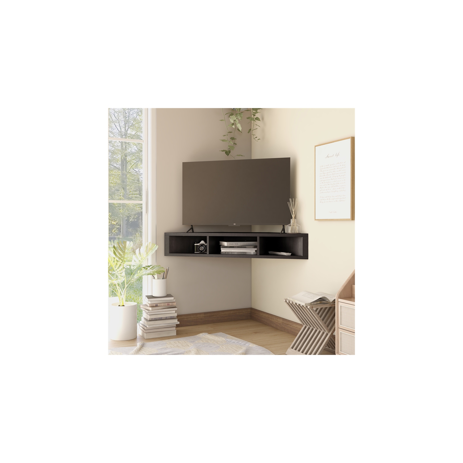 Furniture of America Astro Wood 42" Corner Floating TV Stand in Cappuccino