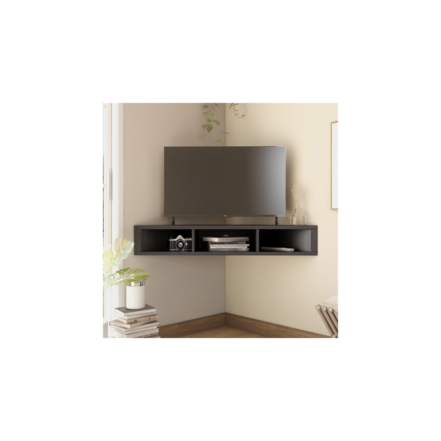 Furniture of America Astro Wood 42" Corner Floating TV Stand in Cappuccino