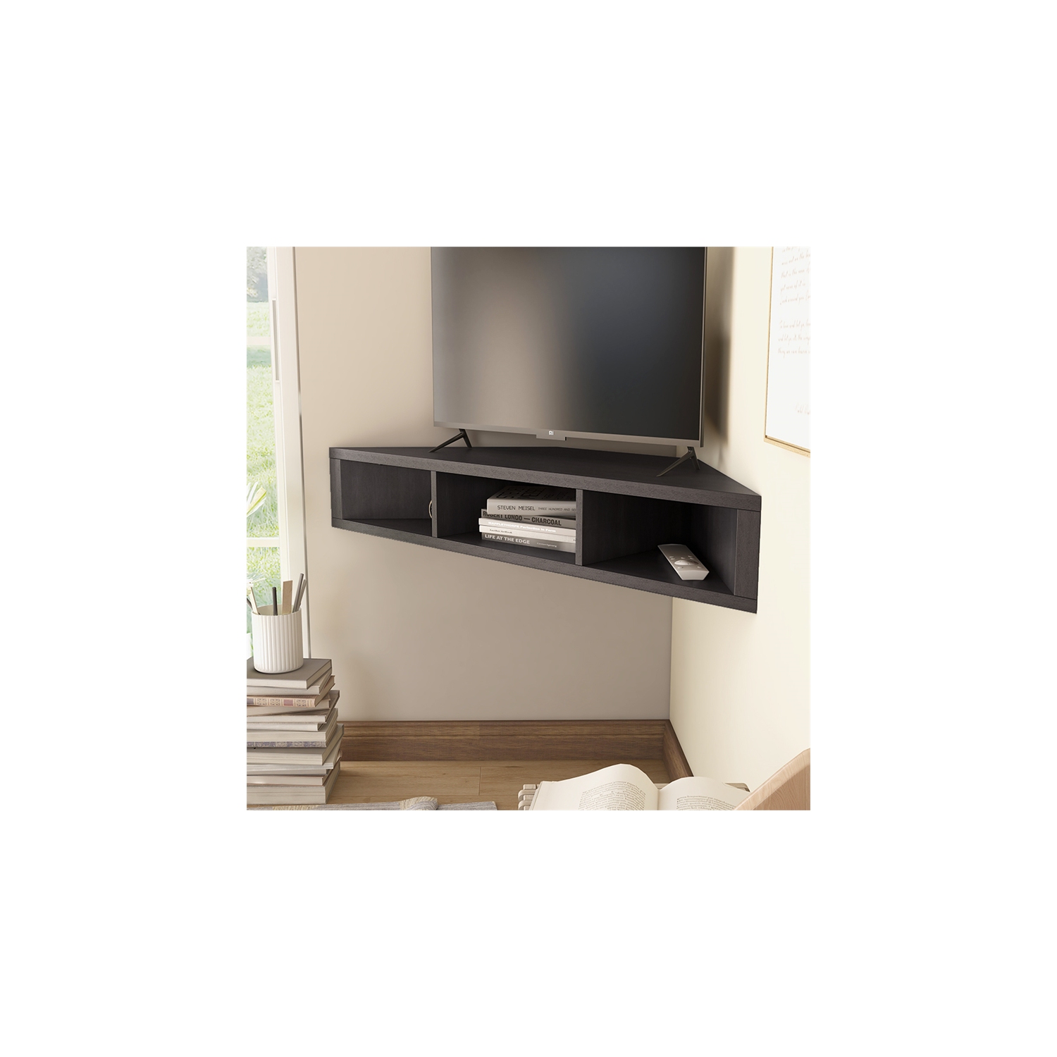 Furniture of America Astro Wood 42" Corner Floating TV Stand in Cappuccino