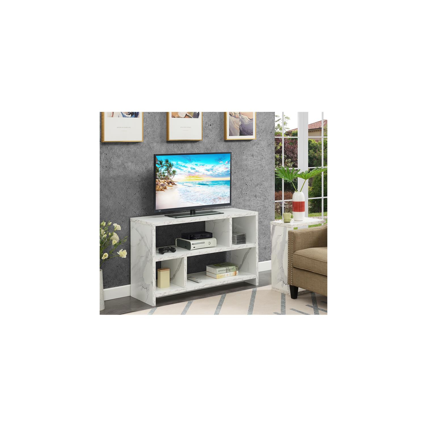 Northfield TV Stand Console with Shelves in White Faux Marble Wood Finish