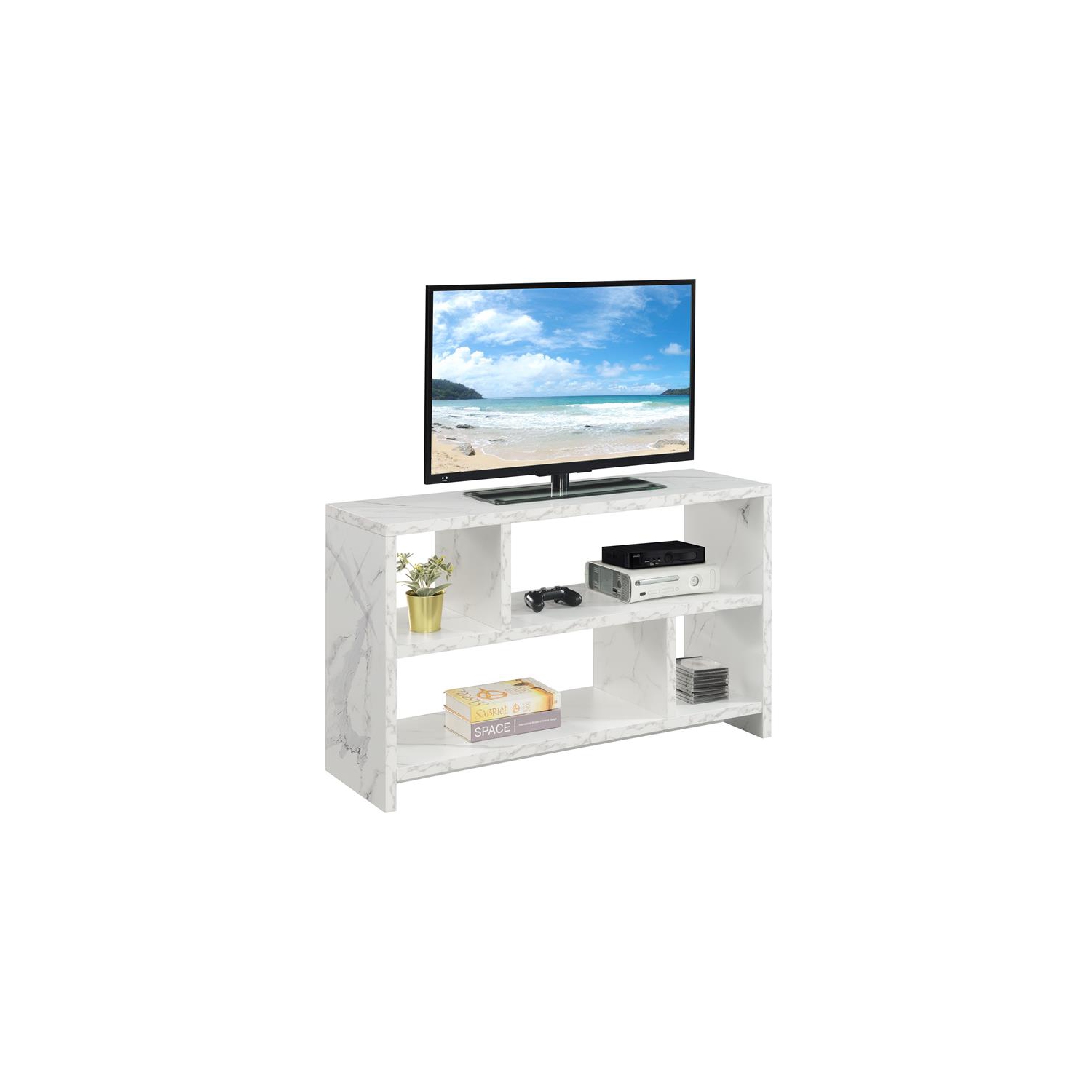 Northfield TV Stand Console with Shelves in White Faux Marble Wood Finish