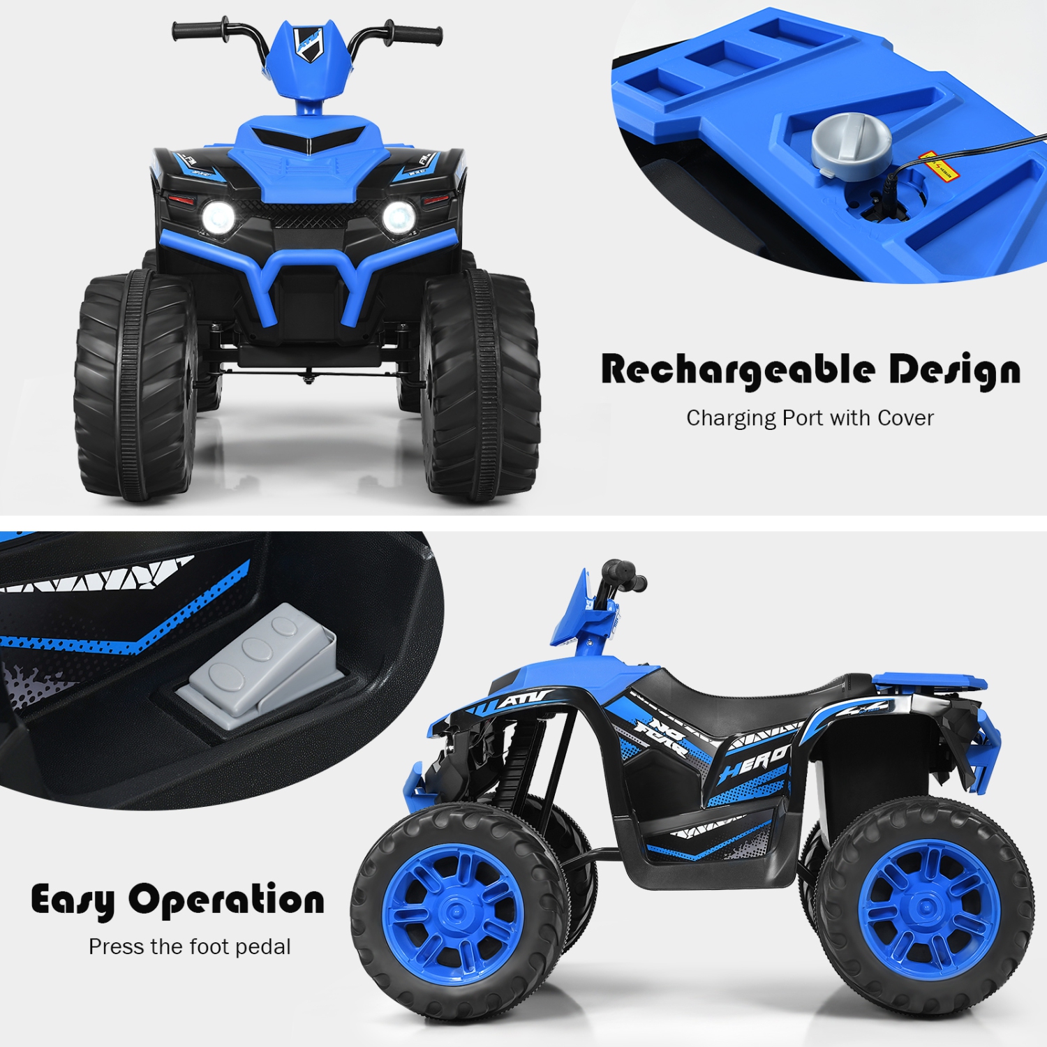 Topbuy 12V Electric Kids Quad ATV Ride on Car with LED Lights& Bluetooth Navy