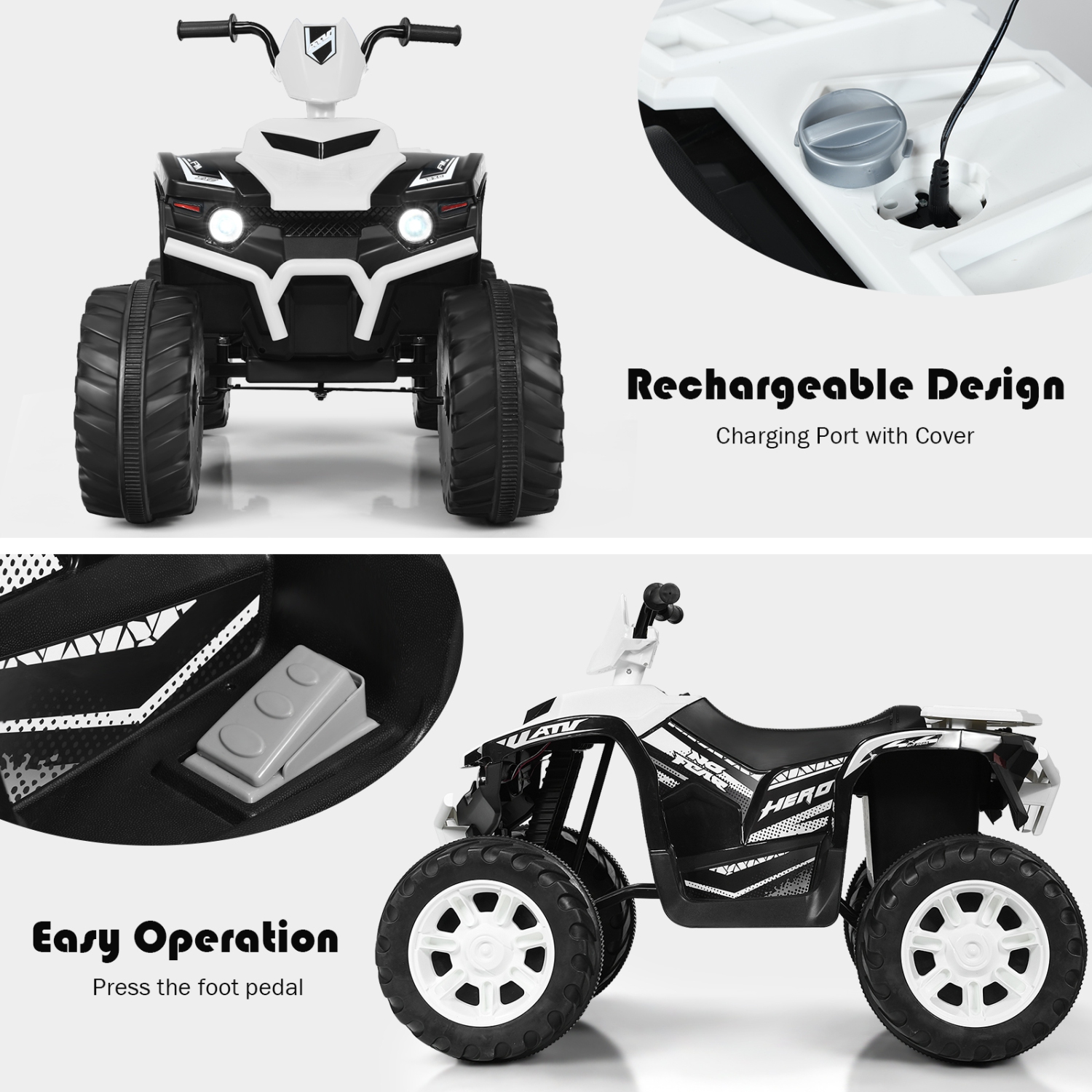 Topbuy 12V Electric Kids Quad ATV Ride on Car with LED Lights& Bluetooth White