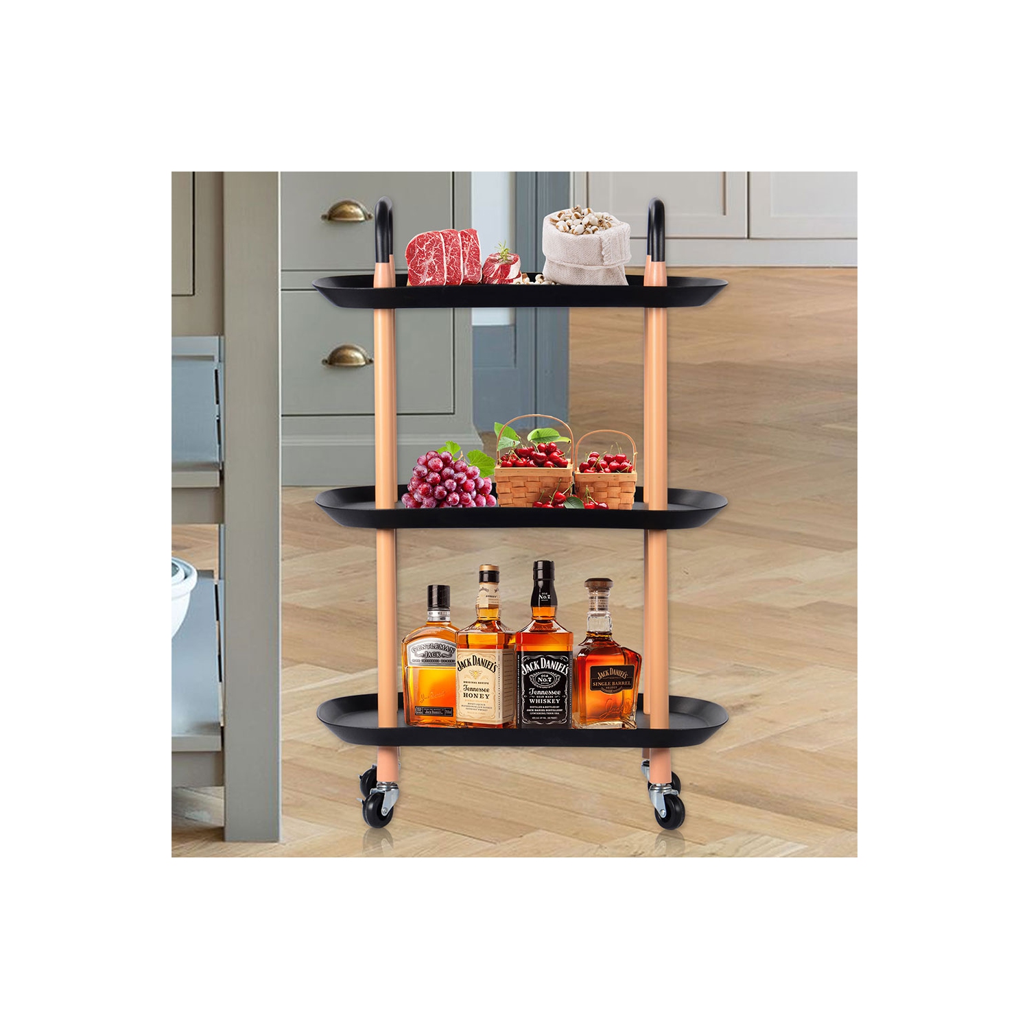 3 Tier Kichen Rolling Utility Cart Utility Organizer with Wheels For Dinner Kitchen Living Room Bathroom