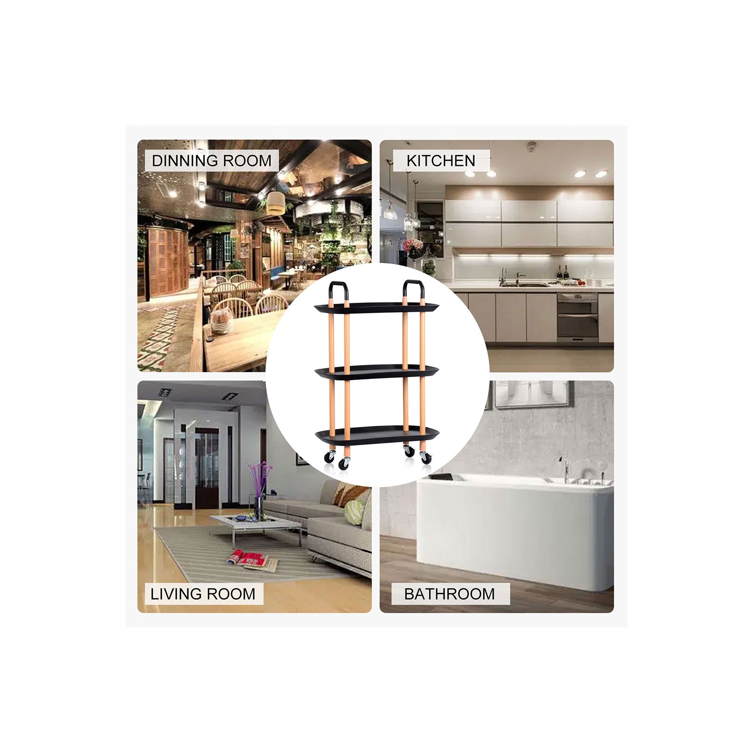 3 Tier Kichen Rolling Utility Cart Utility Organizer with Wheels For Dinner Kitchen Living Room Bathroom