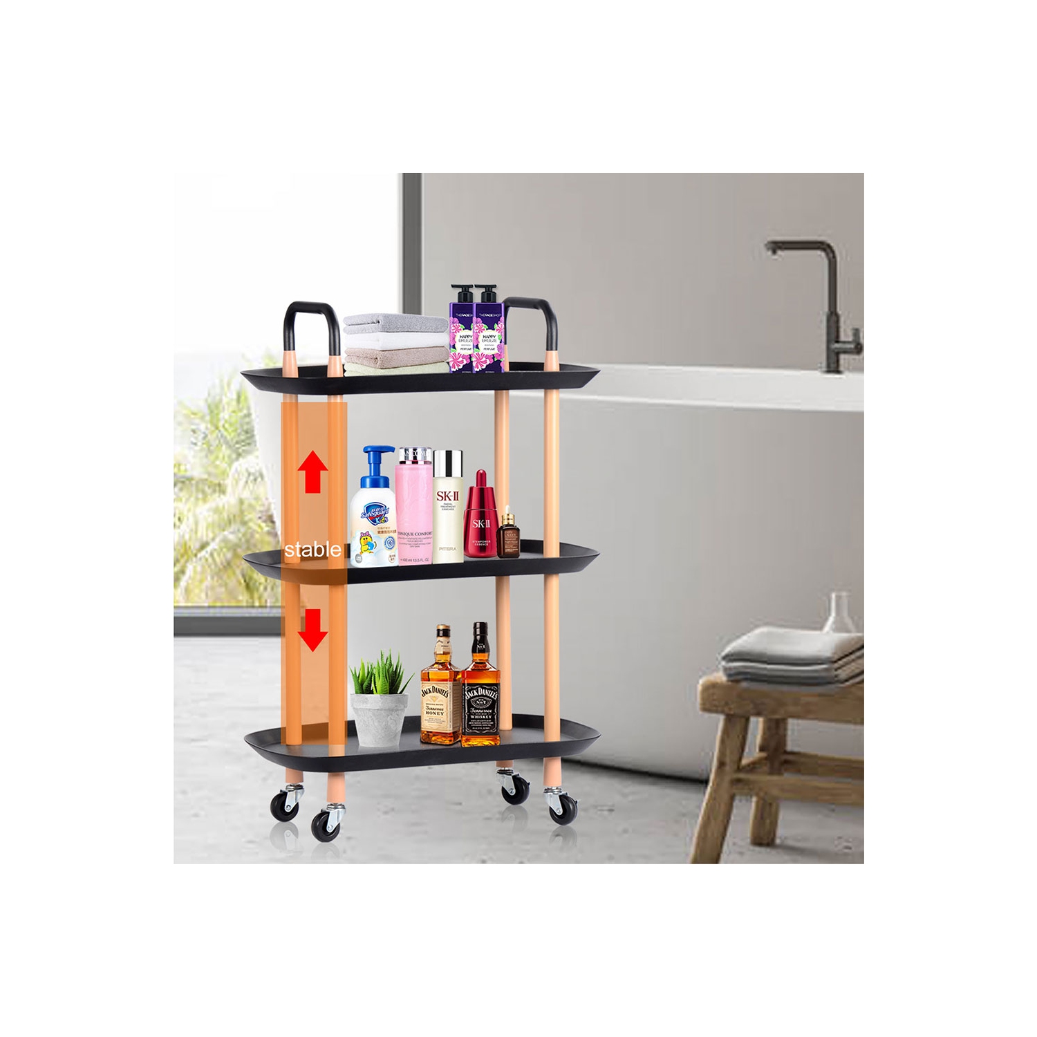 3 Tier Kichen Rolling Utility Cart Utility Organizer with Wheels For Dinner Kitchen Living Room Bathroom